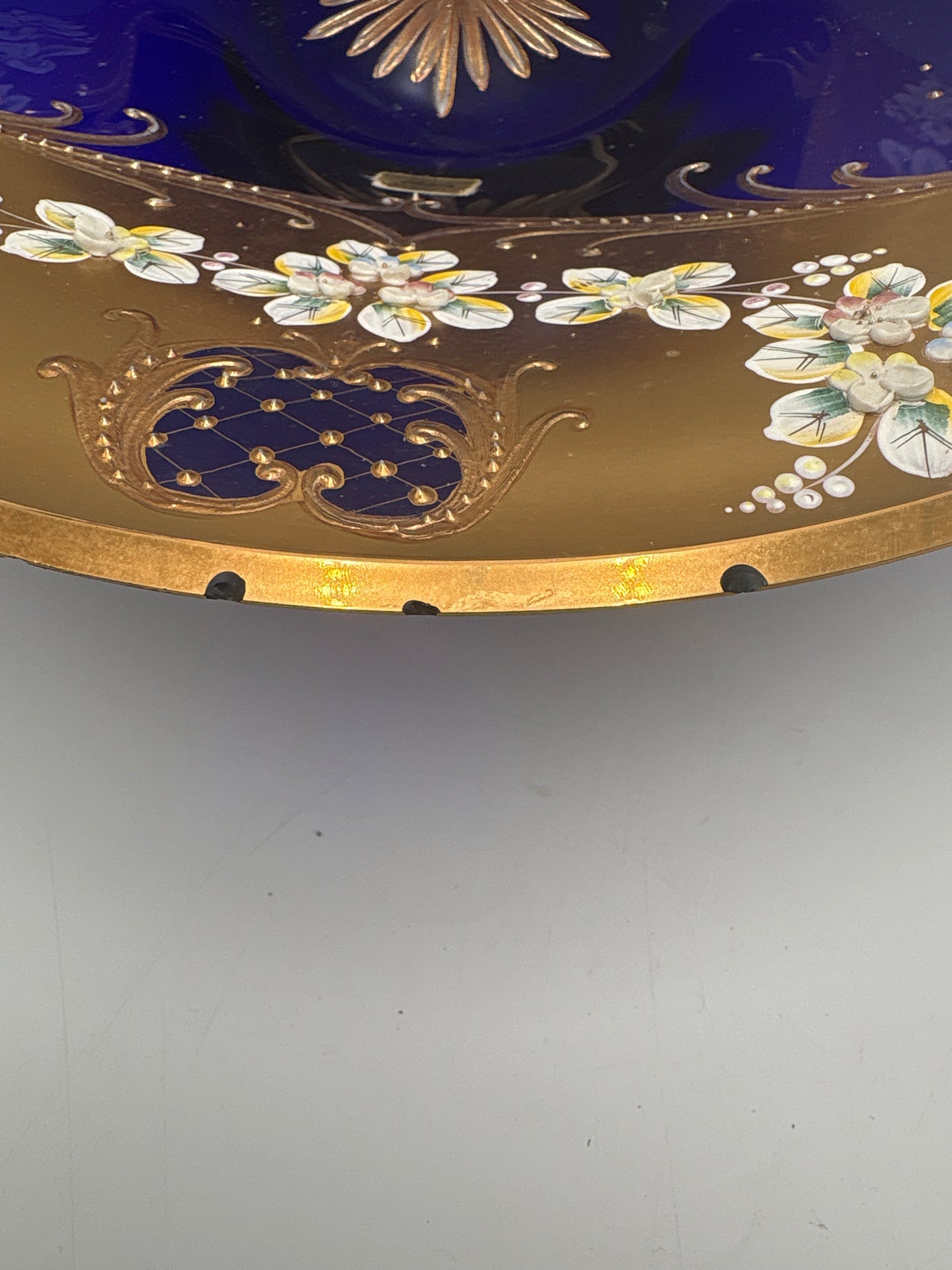 Vintage Bohemia krystal med Guld og Enamel, Fad, Blå, ø32,5cm