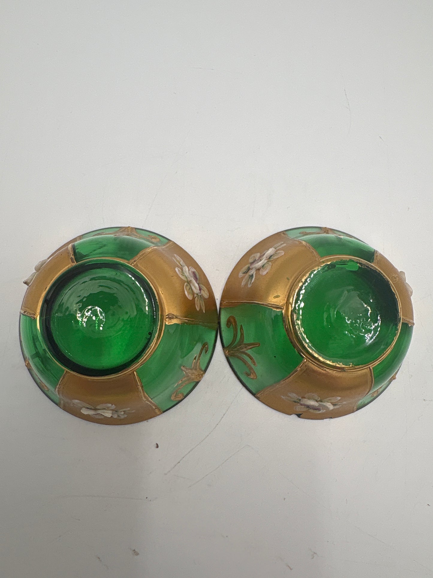 Vintage Bohemia krystal med Guld og Enamel, 2 små fyrfadsstager, Grøn, ø6cm