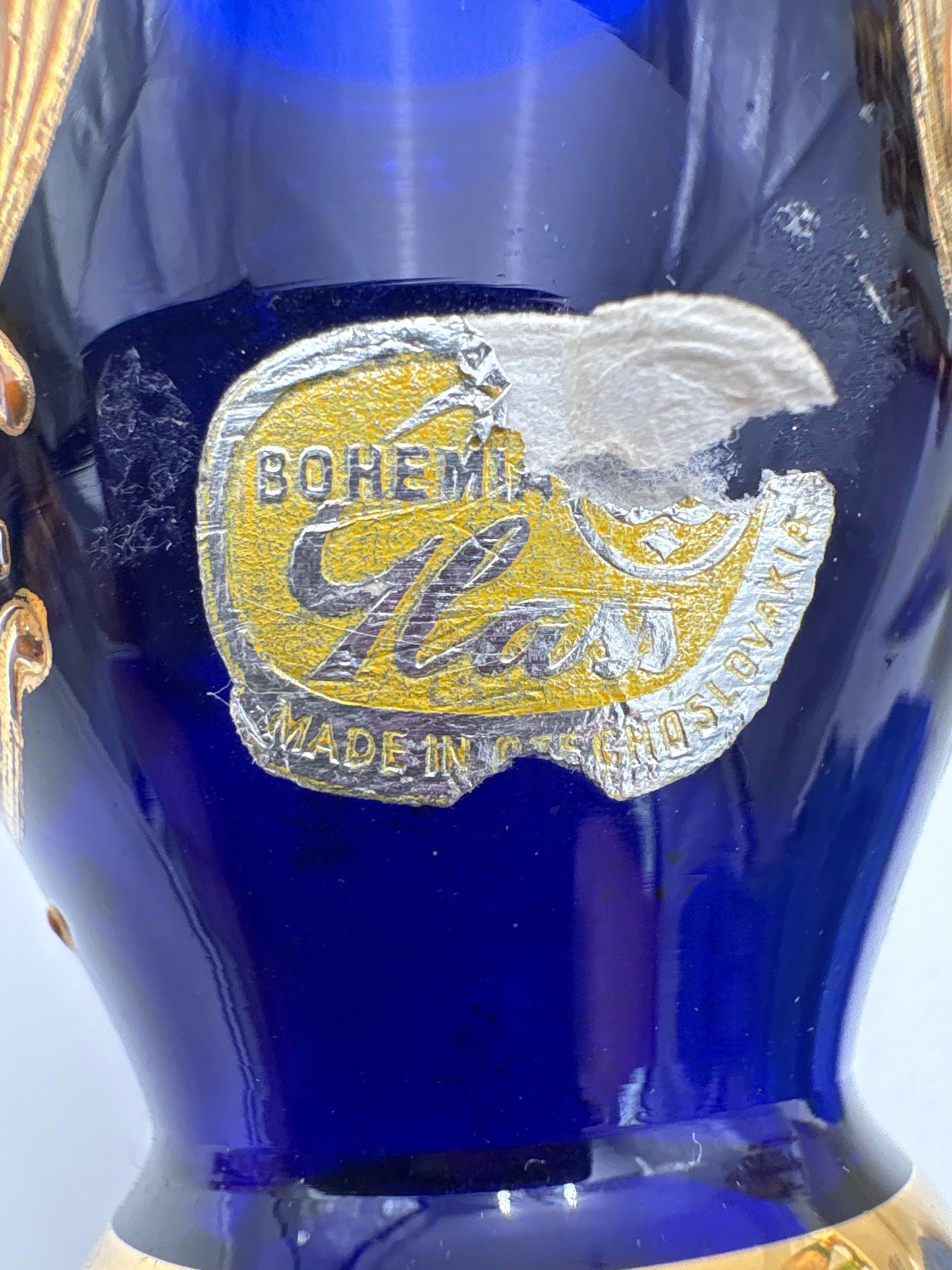 Vintage Bohemia krystal med Guld og Enamel-Vase på fod-Blå-12cm