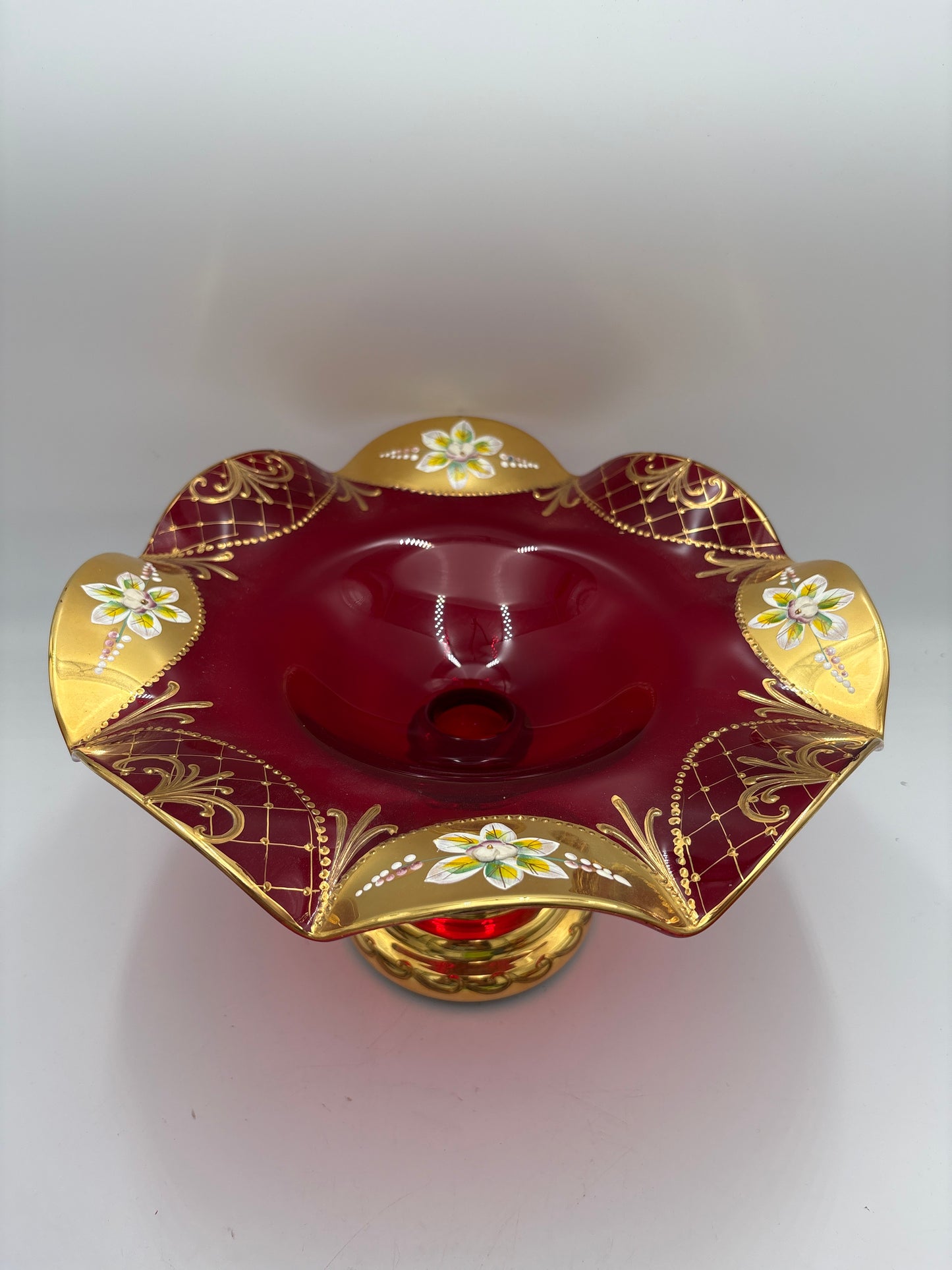 Vintage Bohemia krystal med Guld og Enamel, Opsats på fod, Rød, 19cm