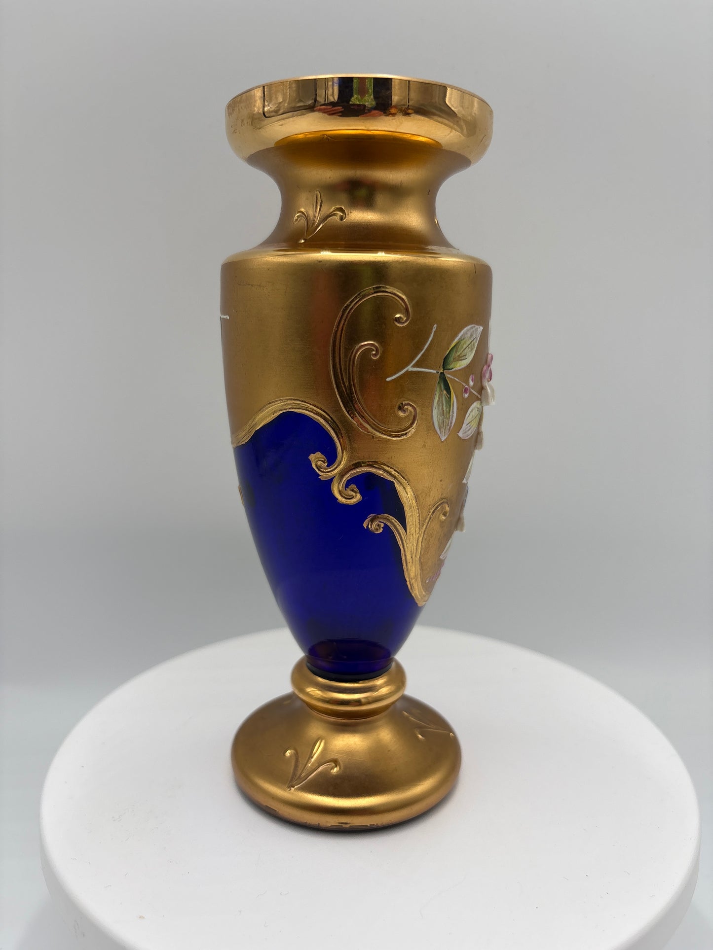 Vintage Bohemia krystal med Guld og Enamel-Vase på fod-Blå(3)-17cm