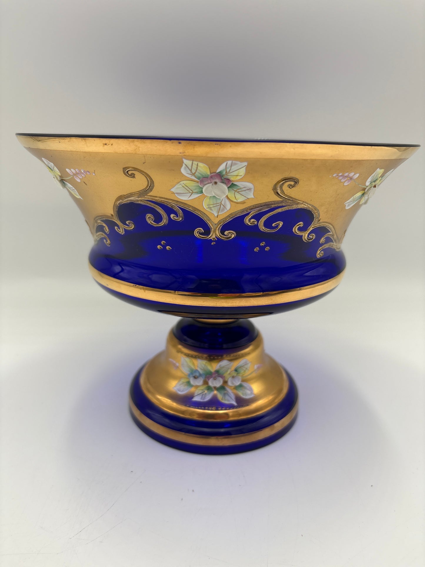 Vintage Bohemia krystal med Guld og Enamel, Opsats på fod, Blå,17cm