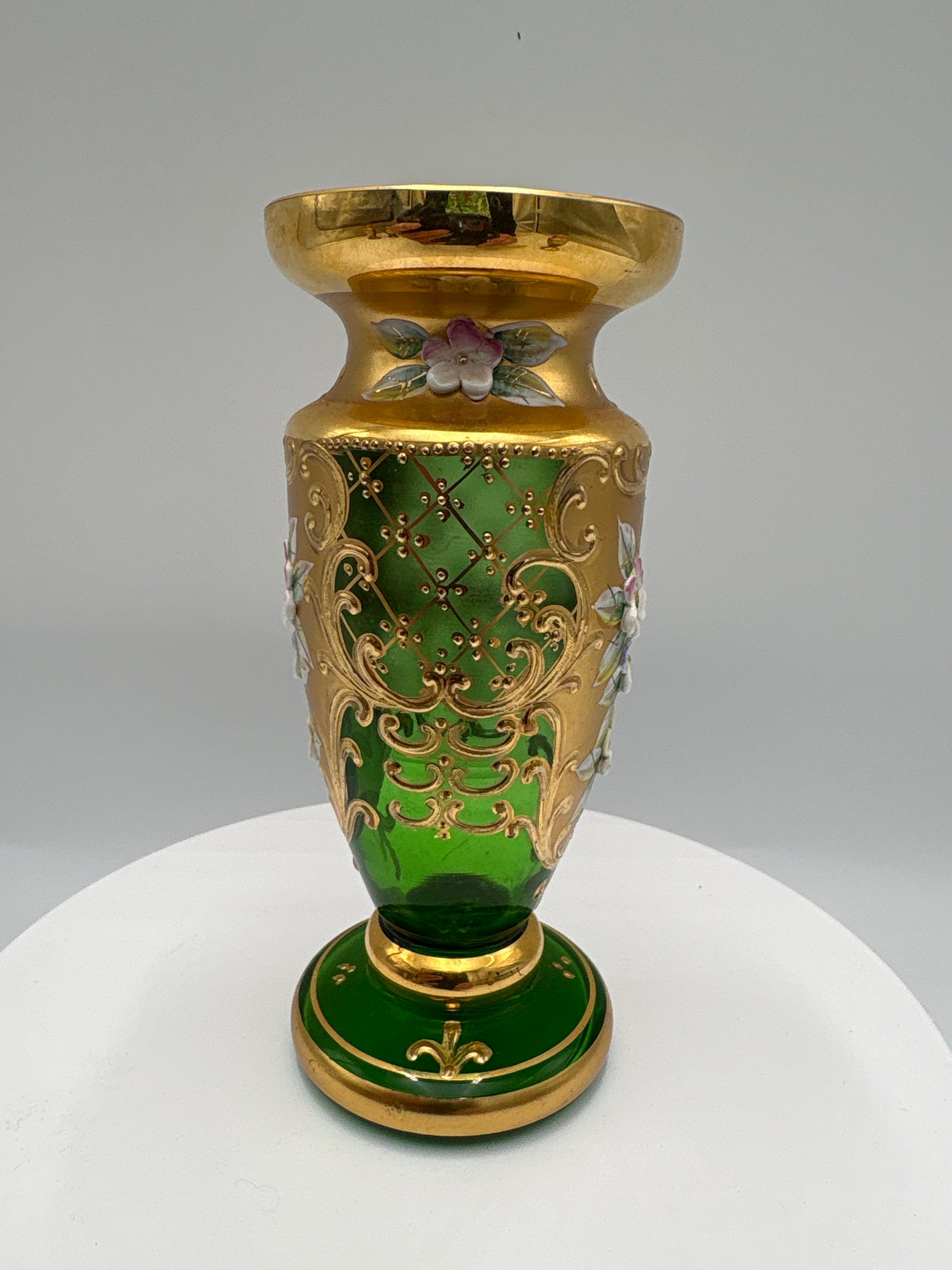 Vintage Bohemia krystal med Guld og Enamel-Vase på fod-Grøn-14cm
