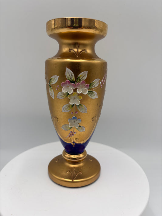 Vintage Bohemia krystal med Guld og Enamel-Vase på fod-Blå(2)-17cm