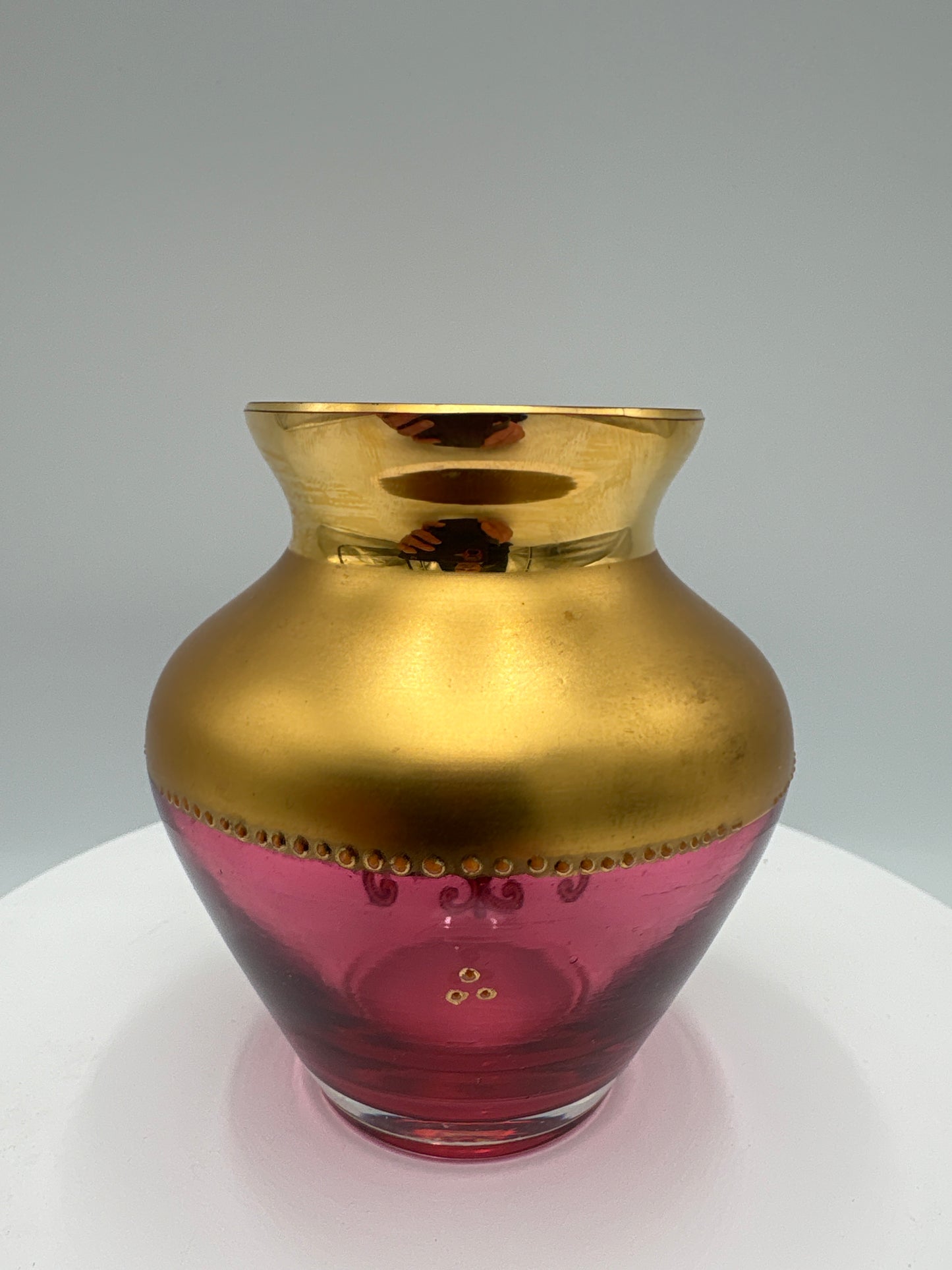 Vintage Bohemia krystal med Guld og Enamel-Vase-"buttet"-rød-8cm