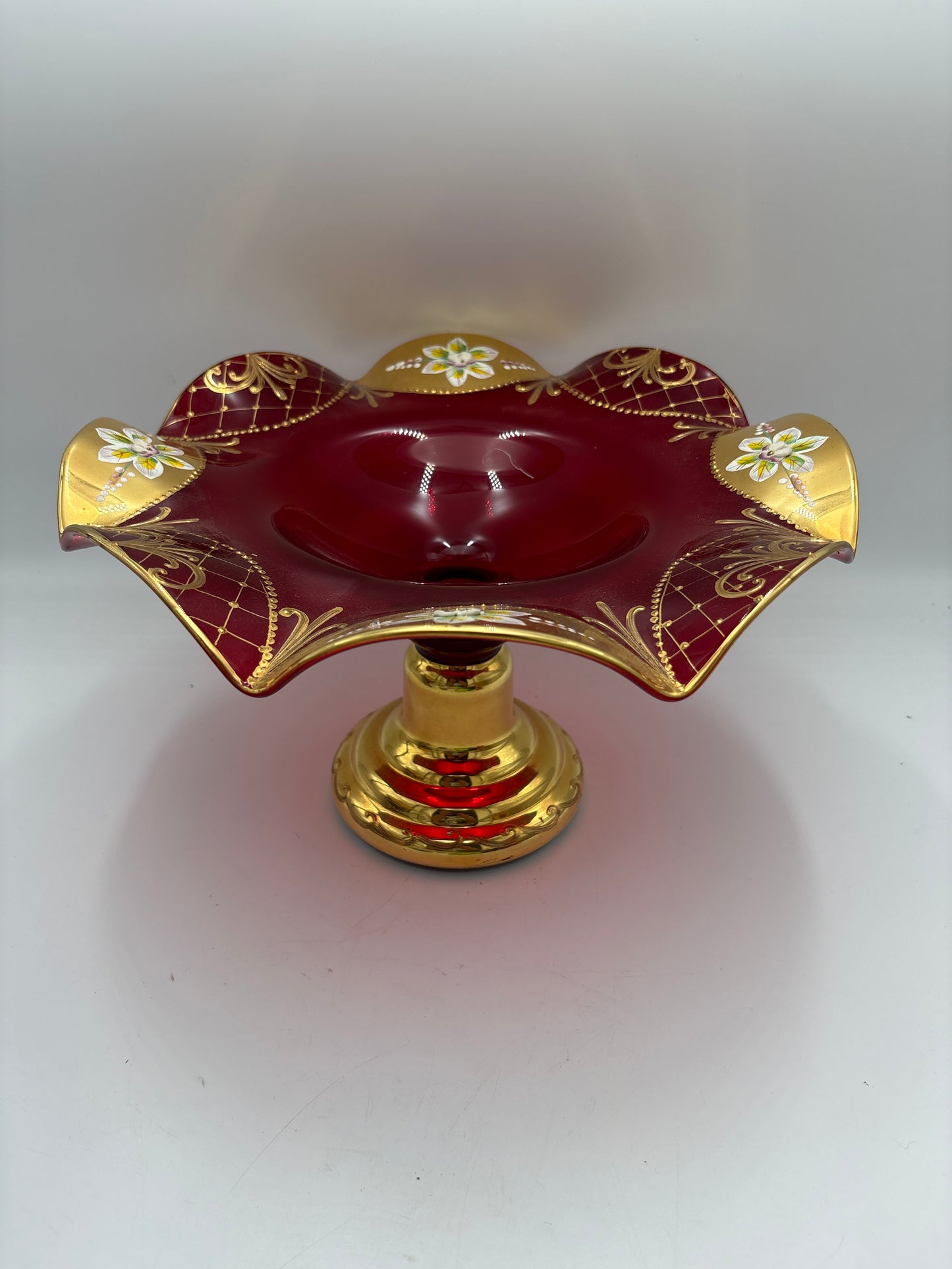 Vintage Bohemia krystal med Guld og Enamel, Opsats på fod, Rød, 19cm