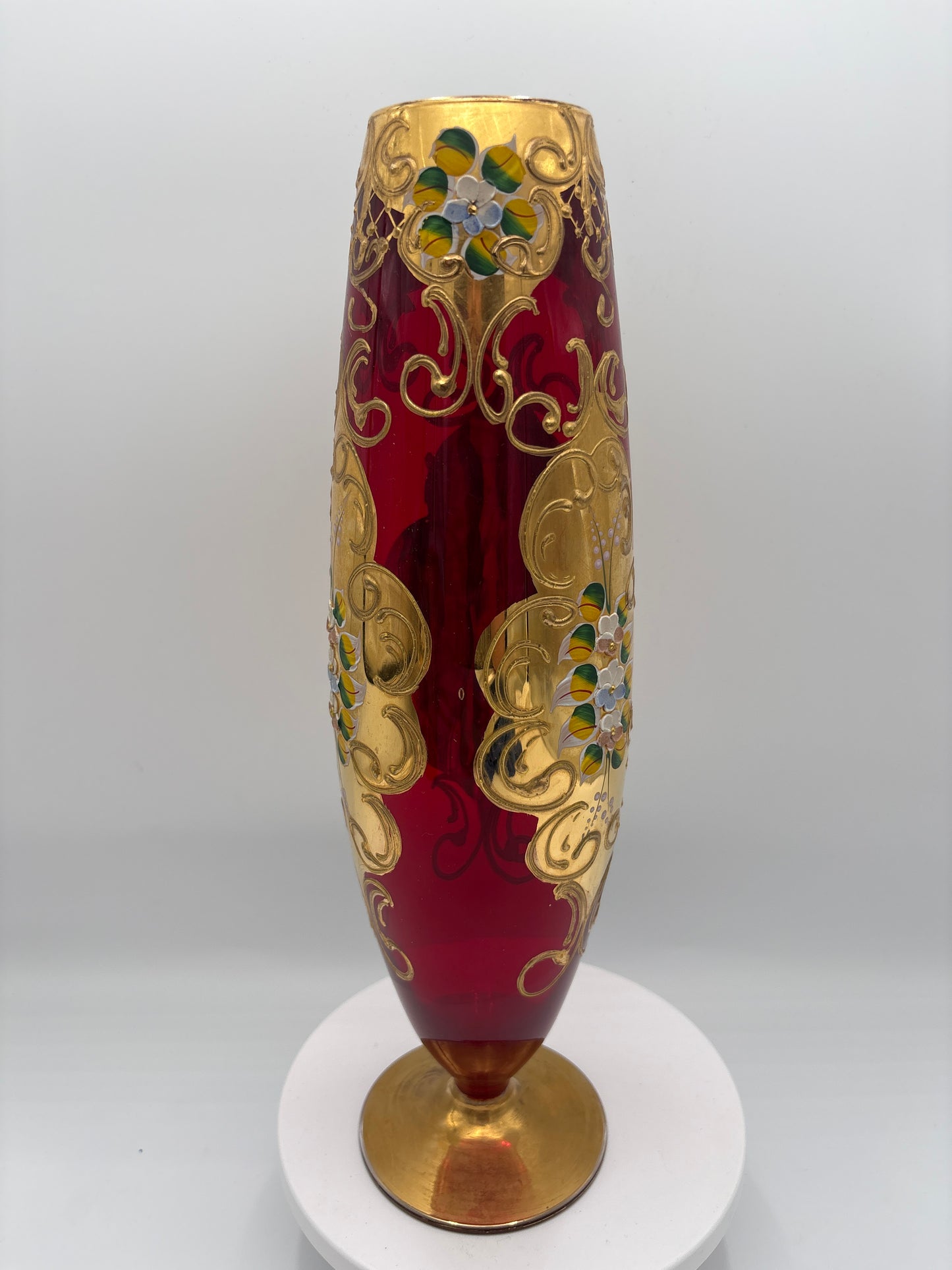 Vintage Bohemia krystal med Guld og Enamel, Vase på fod, Rød, 34cm
