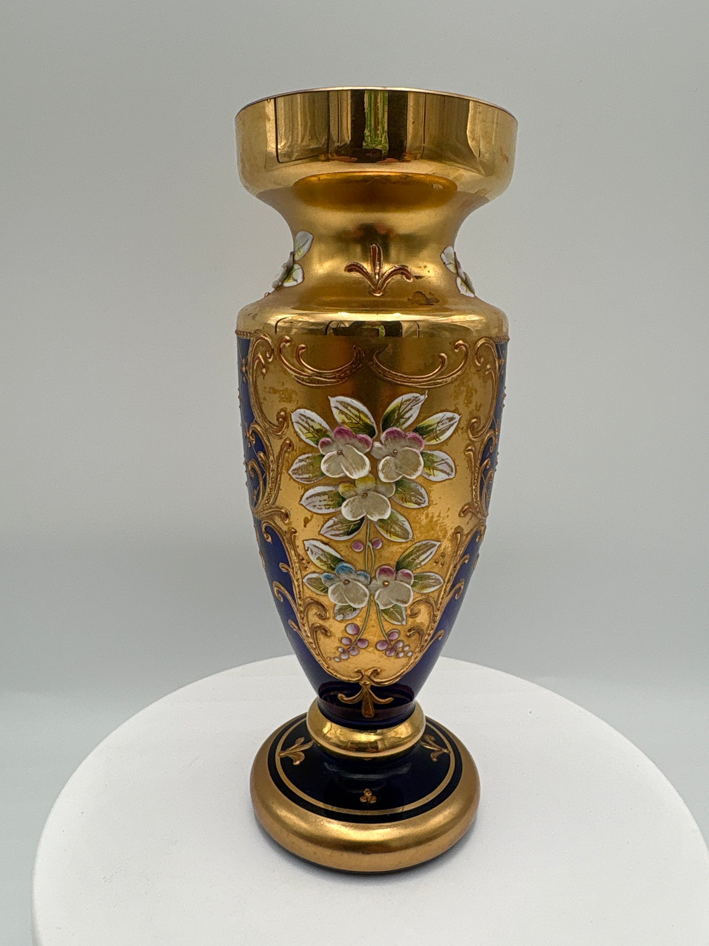 Vintage Bohemia krystal med Guld og Enamel-Vase på fod-Blå(5)-18cm