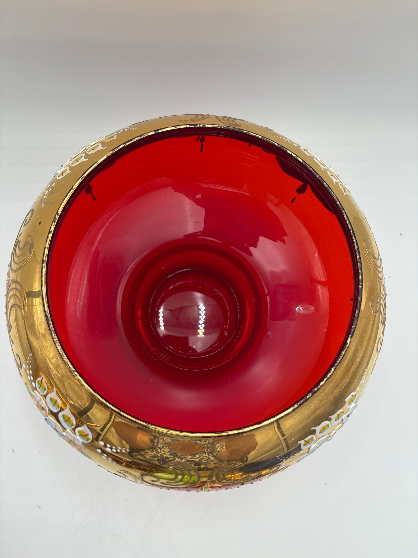 Vintage Bohemia krystal med Guld og Enamel, Punch Bowl, Rød, 26cm