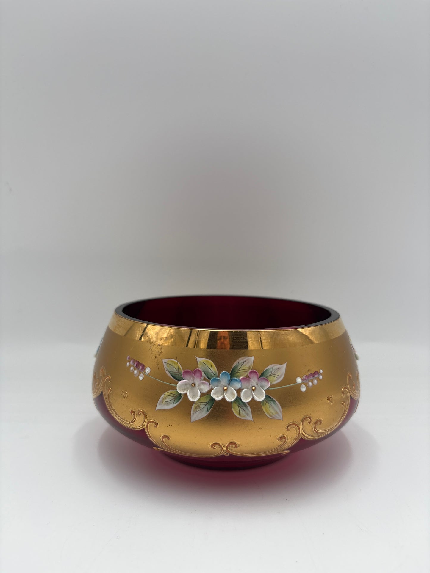 Vintage Bohemia krystal med Guld og Enamel,Lille skål, Rød, ø15cm