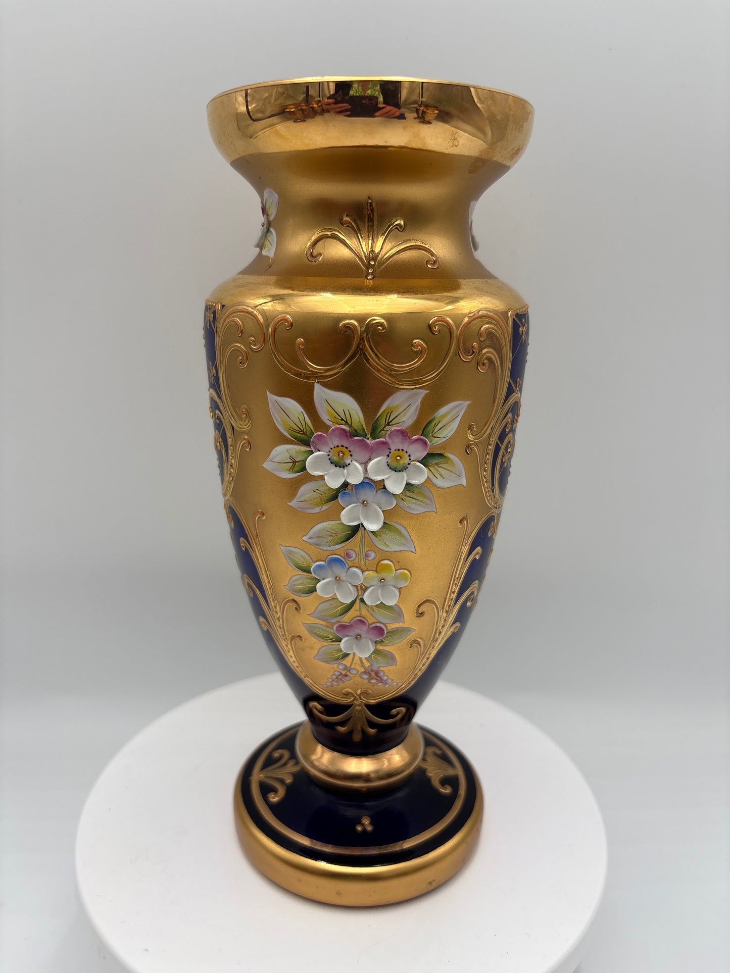 Vintage Bohemia krystal med Guld og Enamel-Vase på fod-Blå(3)-22cm