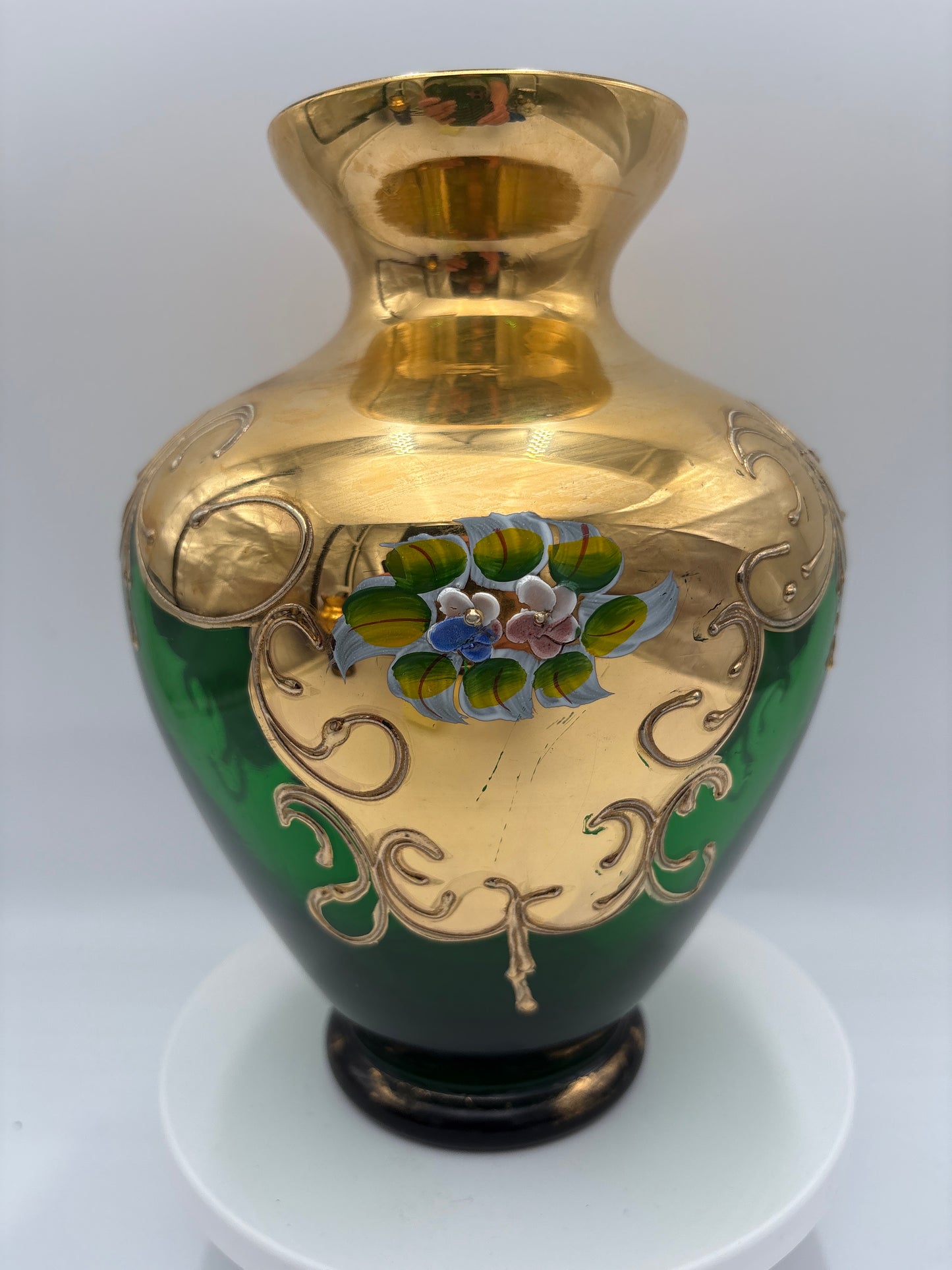 Vintage Bohemia krystal med Guld og Enamel, Vase, Grøn, 22cm