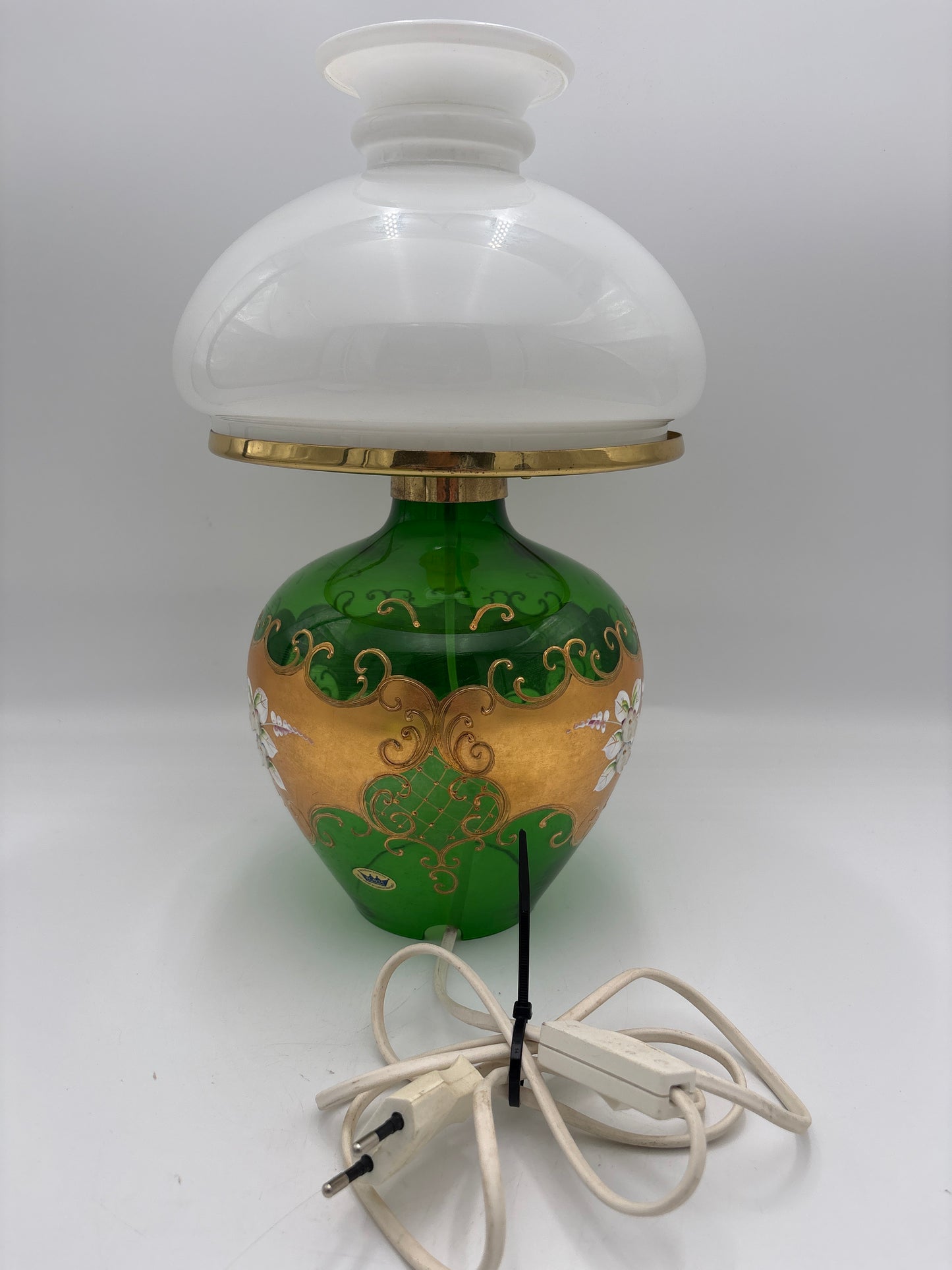 Vintage Bohemia krystal med Guld og Enamel, Bordlampe med glasskærm, grøn, 36cm
