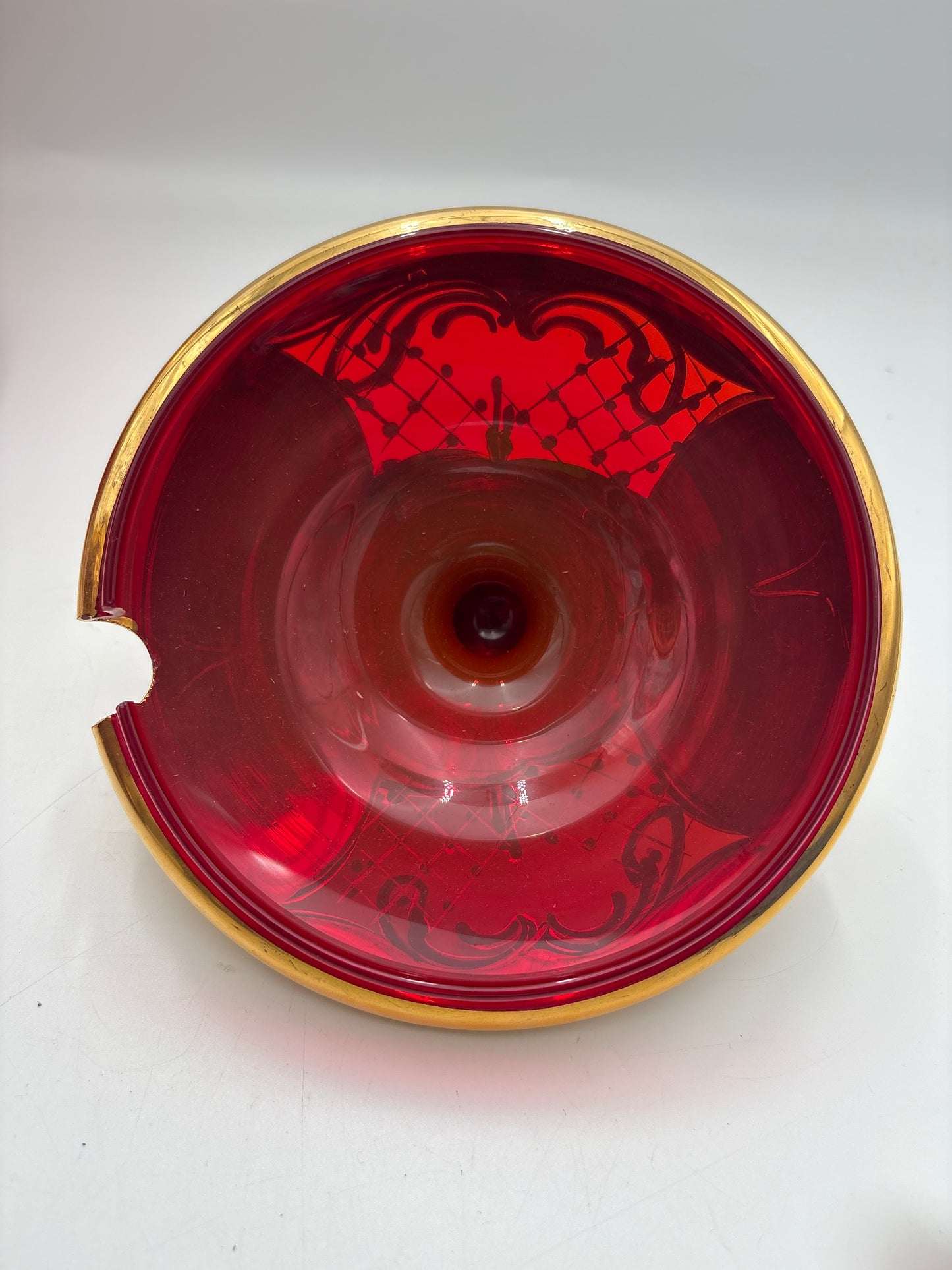 Vintage Bohemia krystal med Guld og Enamel, Punch Bowl, Rød, 26cm