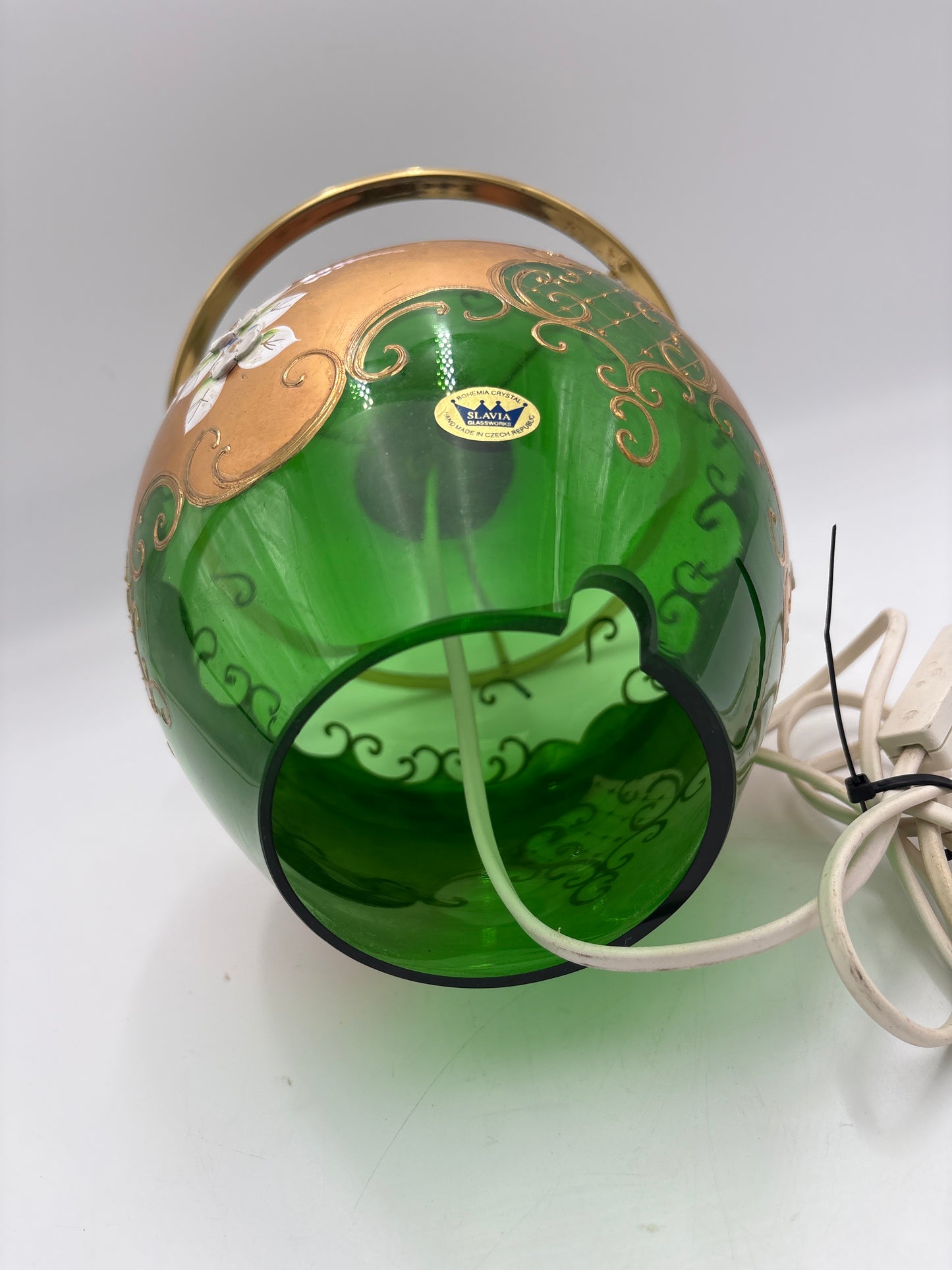 Vintage Bohemia krystal med Guld og Enamel, Bordlampe med glasskærm, grøn, 36cm