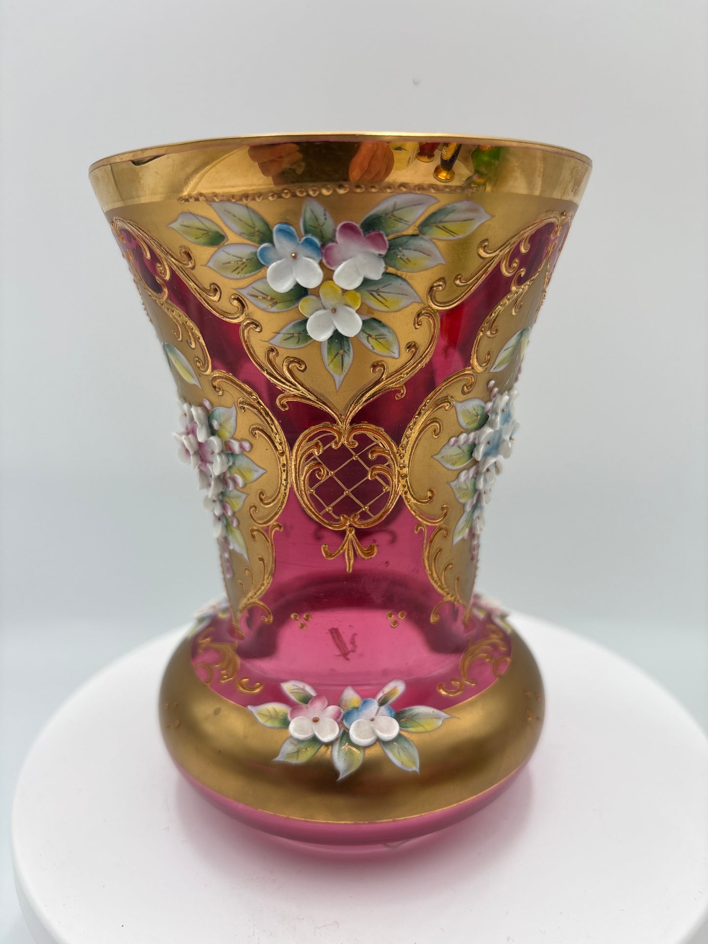 Vintage Bohemia krystal med Guld og Enamel, Vase , Rød(2), 14cm