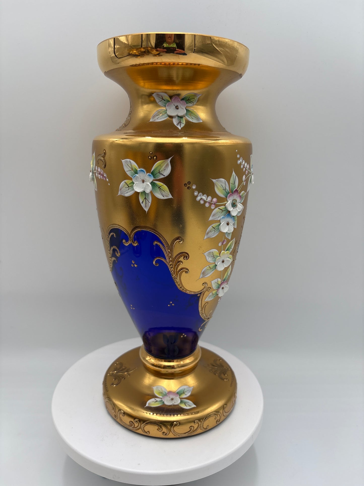 Vintage Bohemia krystal med Guld og Enamel-Vase på fod-Blå(2)-27cm
