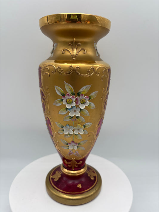 Vintage Bohemia krystal med Guld og Enamel-Vase på fod-Rød(3)-22cm