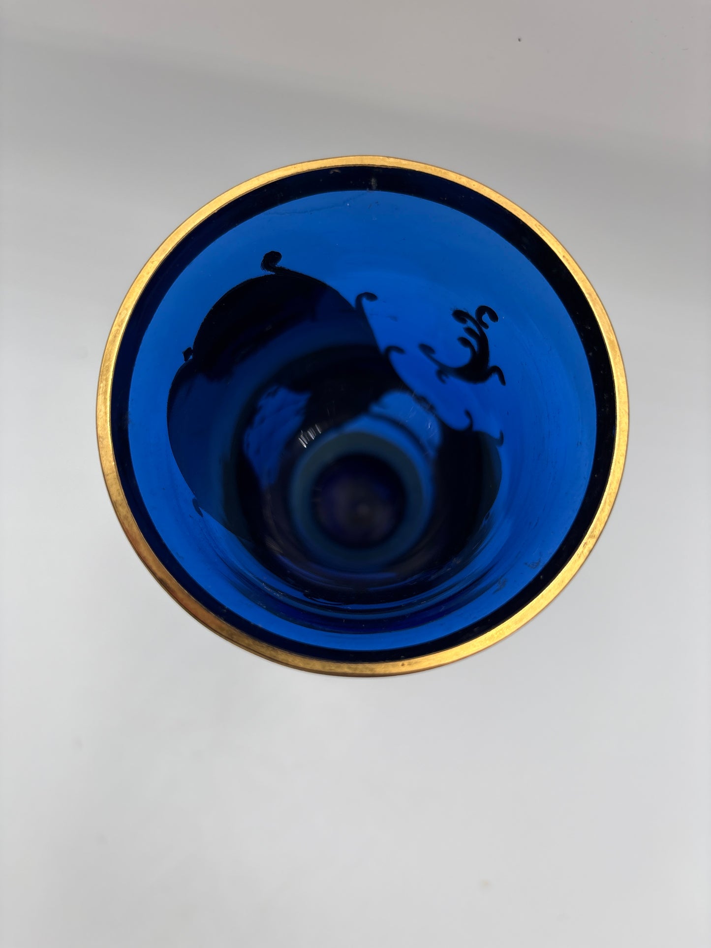 Vintage Bohemia krystal med Guld og Enamel, Vase på fod , Blå, 22cm