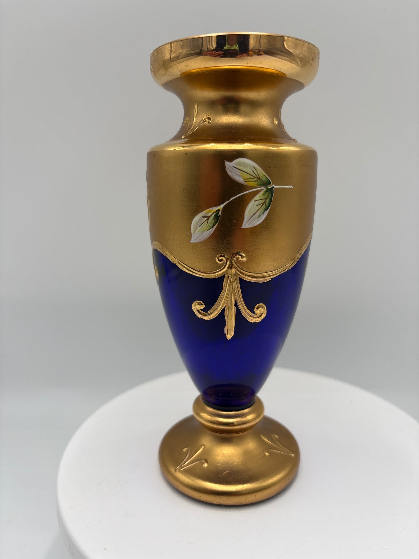 Vintage Bohemia krystal med Guld og Enamel-Vase på fod-Blå(3)-17cm