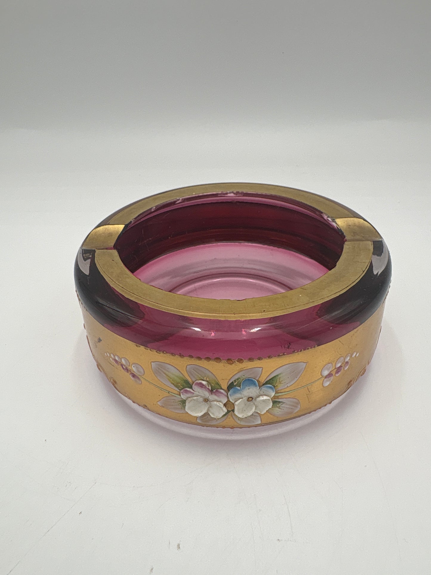 Vintage Bohemia krystal med Guld og Enamel,Askebæger, Lilla, ø11cm