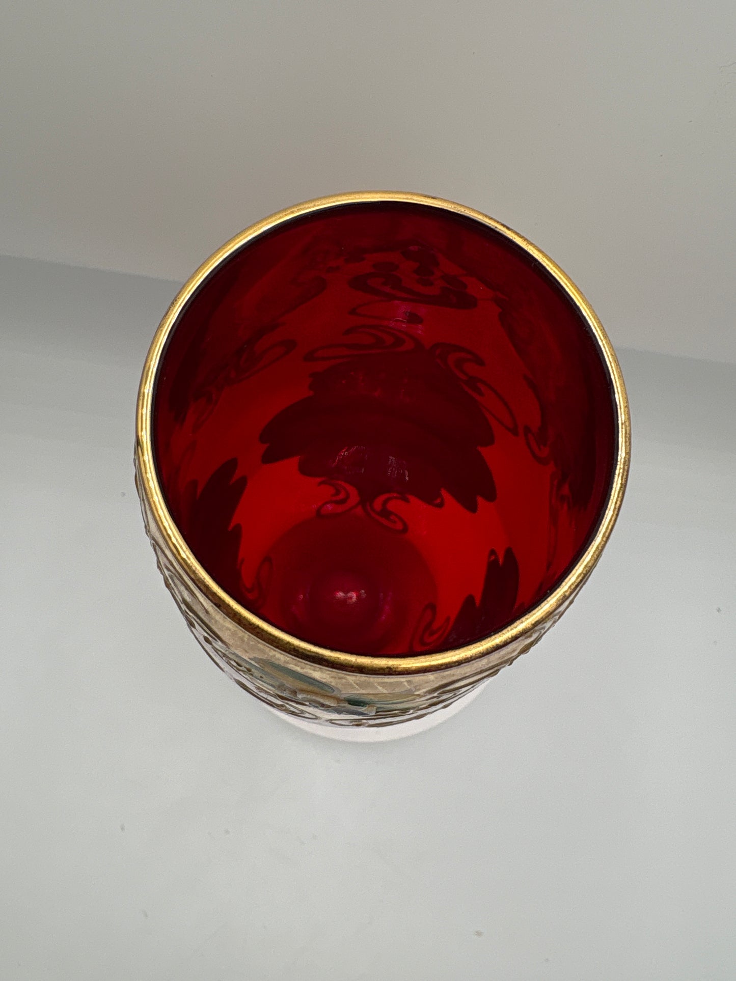 Vintage Bohemia krystal med Guld og Enamel, Vase på fod, Rød, 34cm