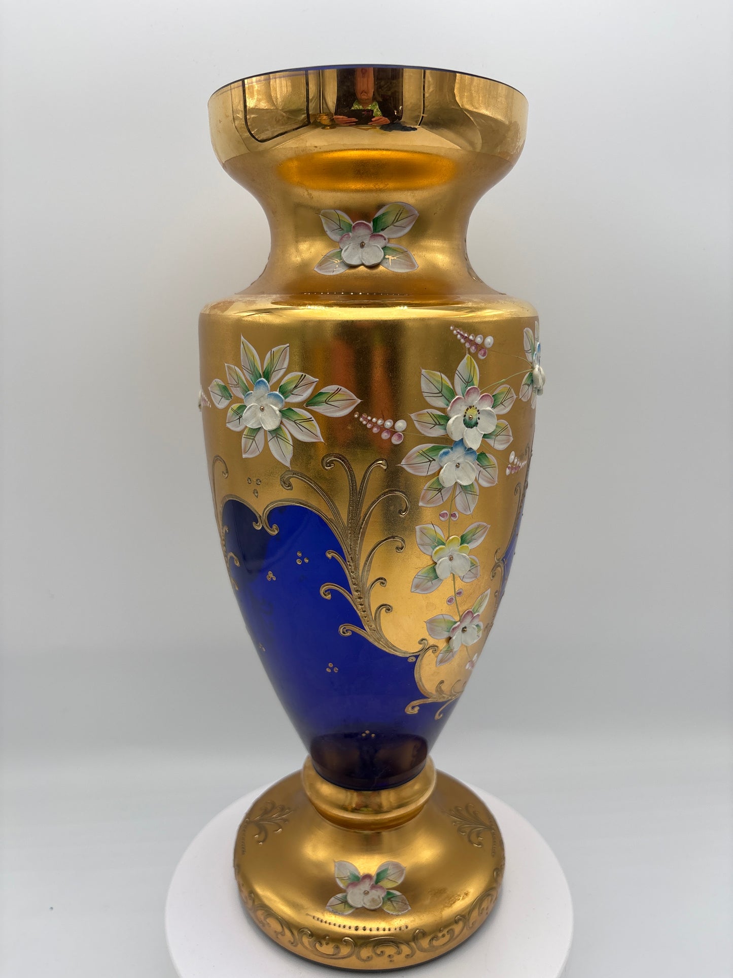 Vintage Bohemia krystal med Guld og Enamel-Vase på fod-Blå(2)-32cm