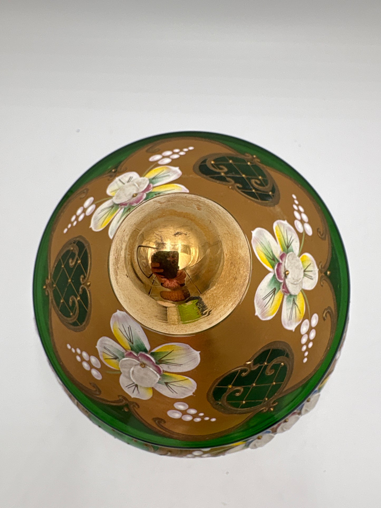 Vintage Bohemia krystal med Guld og Enamel, Stor Bonbonniere på fod , grøn, 27cm