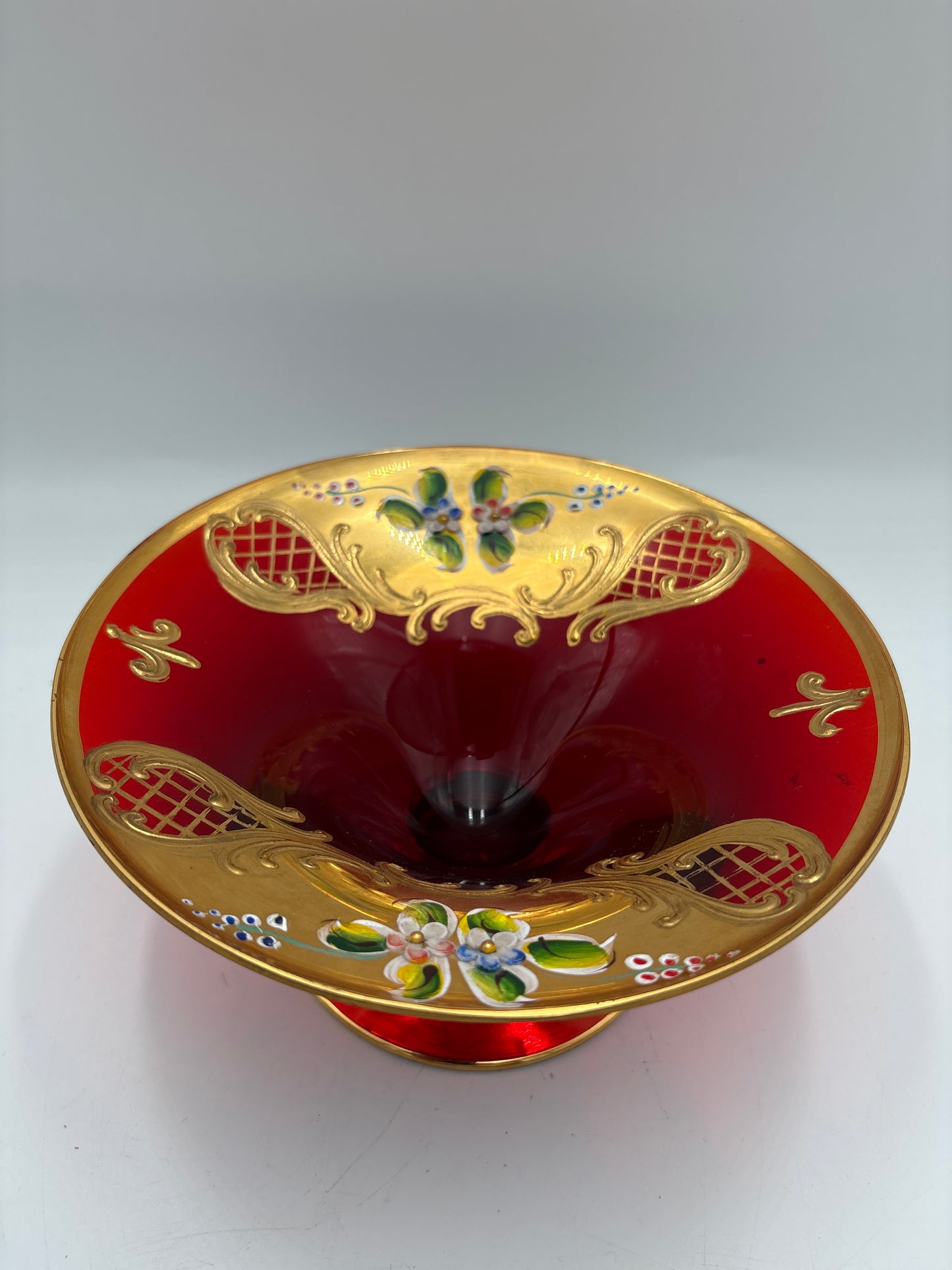 Vintage Bohemia krystal med Guld og Enamel,Lille opsats på fod, Rød, 9cm