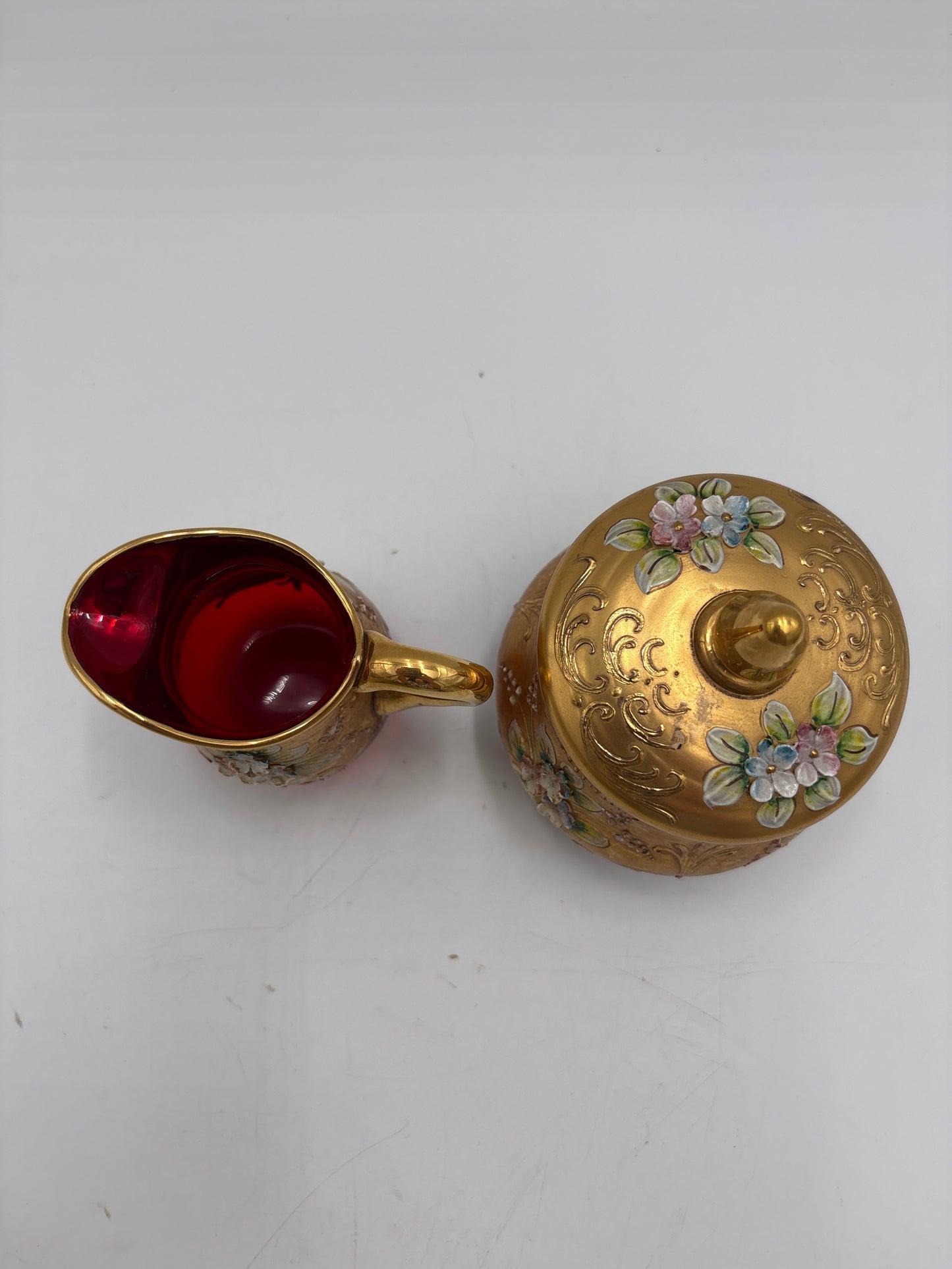 Vintage Bohemia krystal med Guld og Enamel, kaffesæt, Rød