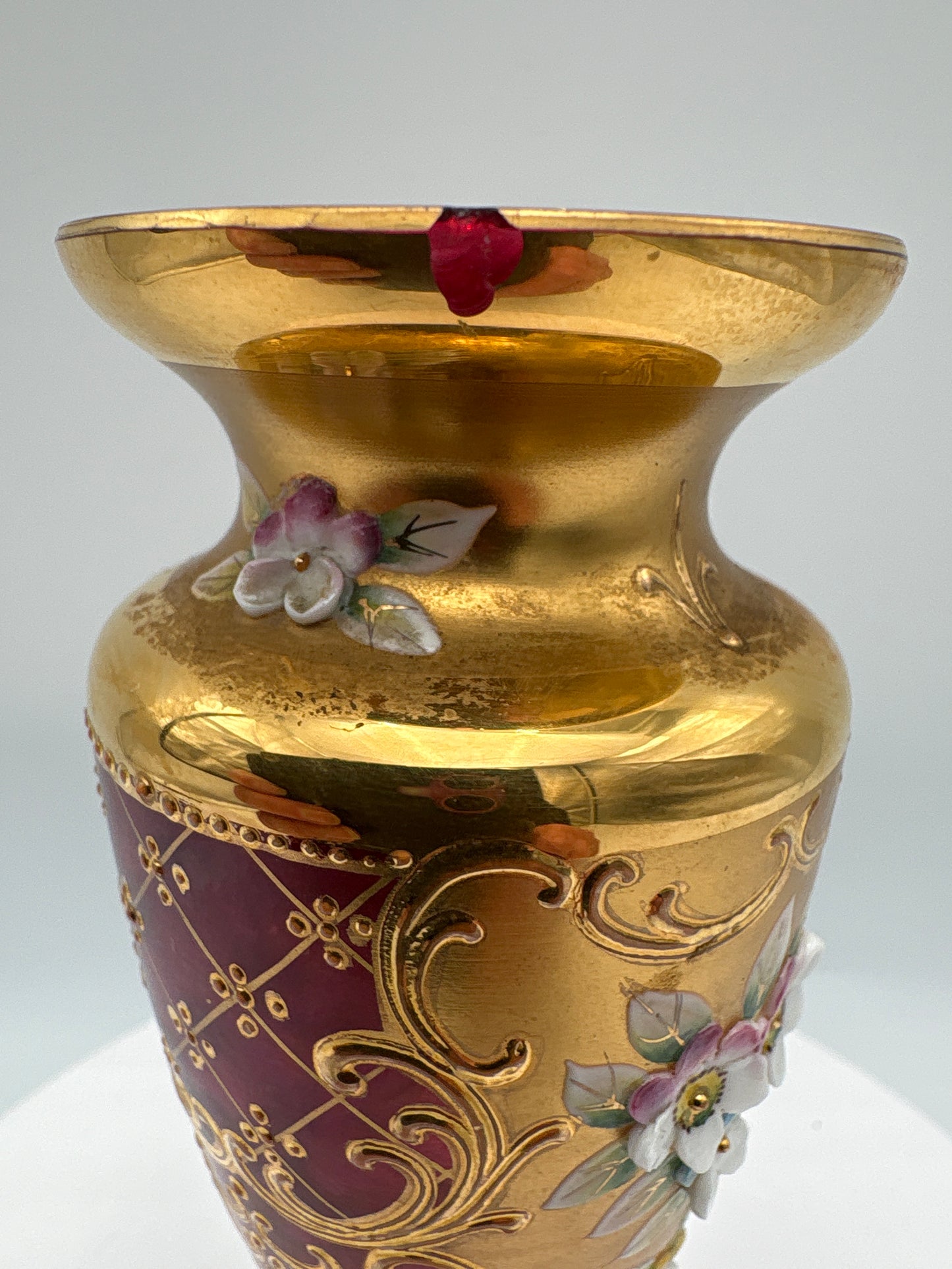 Vintage Bohemia krystal med Guld og Enamel-Vase på fod-Rød-14cm