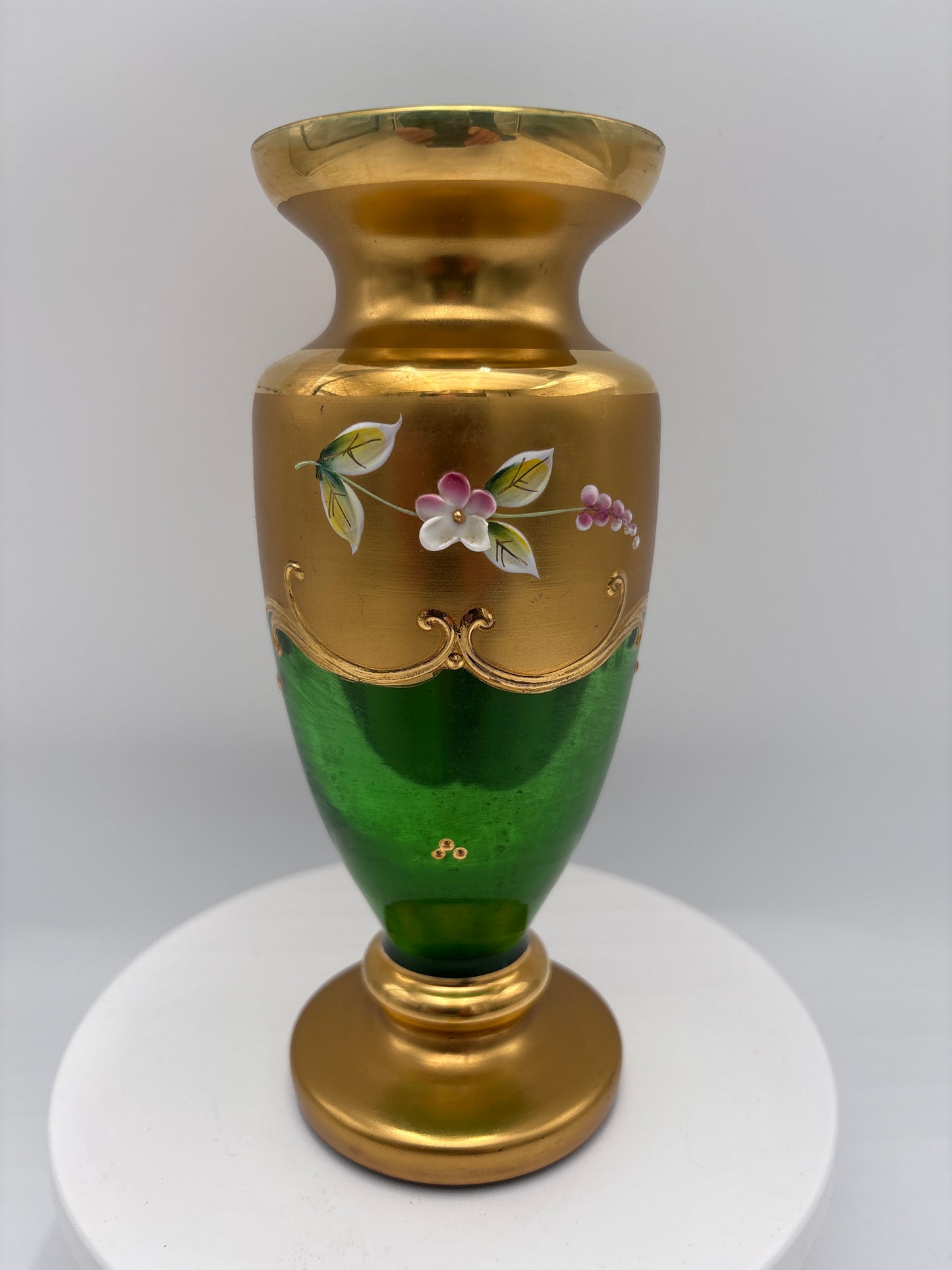 Vintage Bohemia krystal med Guld og Enamel-Vase på fod-Grøn(2)-19cm