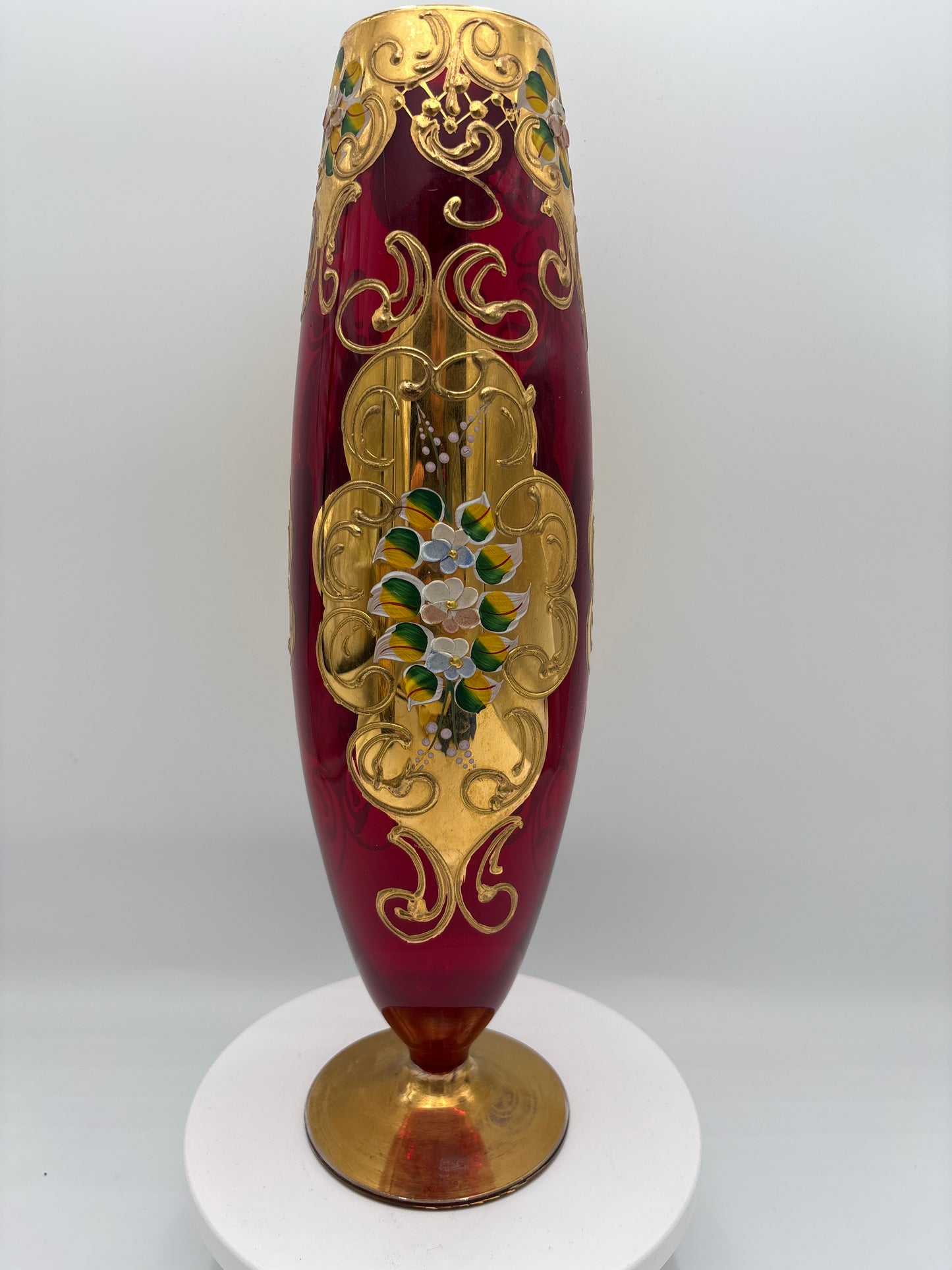Vintage Bohemia krystal med Guld og Enamel, Vase på fod, Rød, 34cm