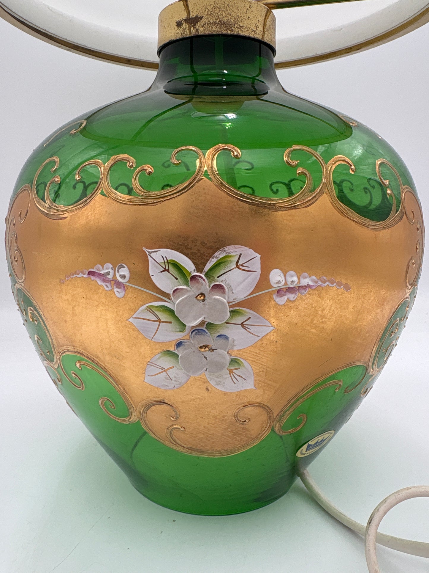 Vintage Bohemia krystal med Guld og Enamel, Bordlampe med glasskærm, grøn, 36cm