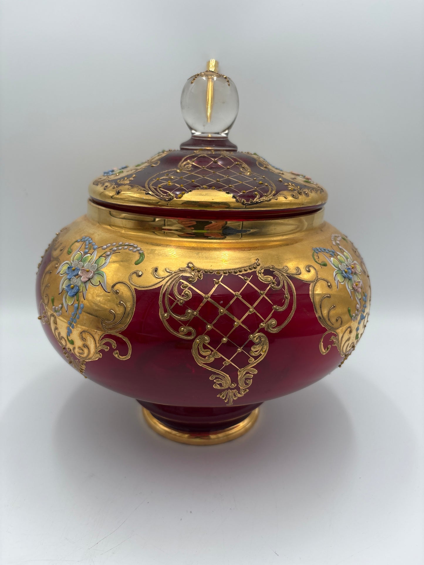 Vintage Bohemia krystal med Guld og Enamel, Punch Bowl med ske og 4 kopper, Rød, 25cm