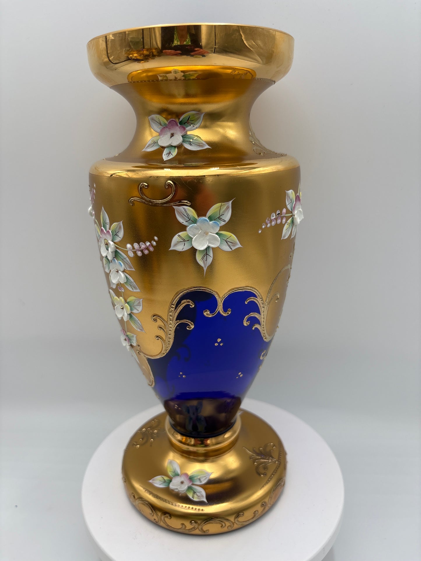 Vintage Bohemia krystal med Guld og Enamel-Vase på fod-Blå(1)-27cm