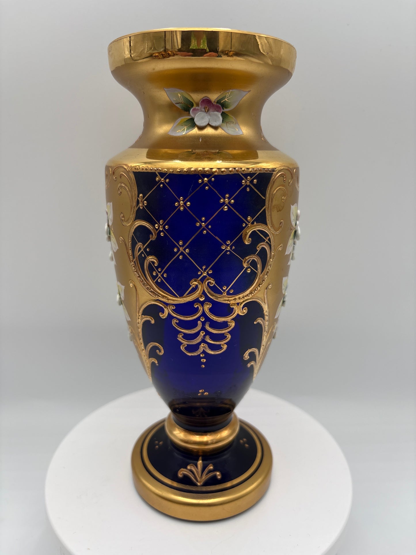 Vintage Bohemia krystal med Guld og Enamel-Vase på fod-Blå(1)-22cm