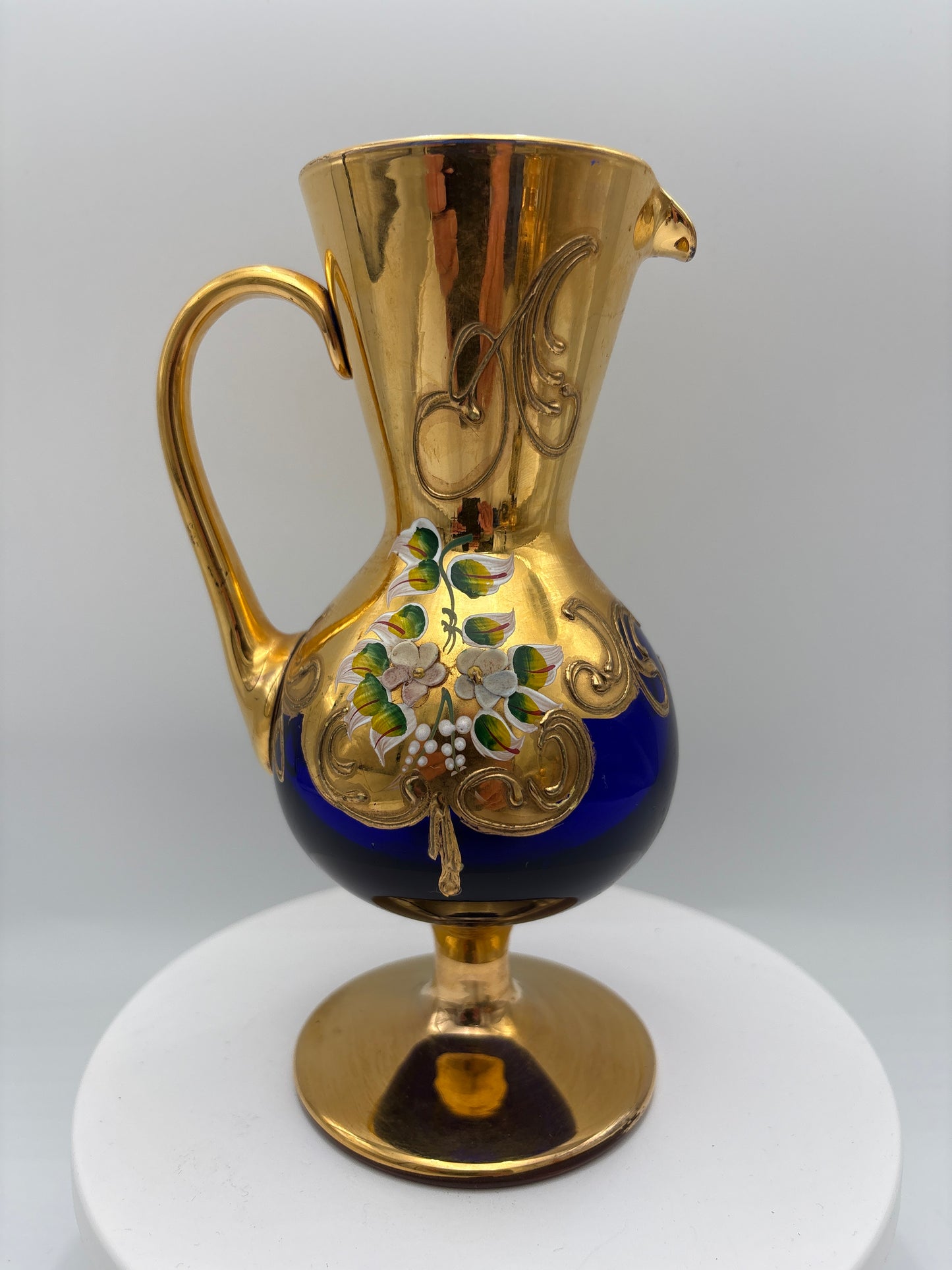 Vintage Bohemia krystal med Guld og Enamel, Kande, Blå(2), 19cm