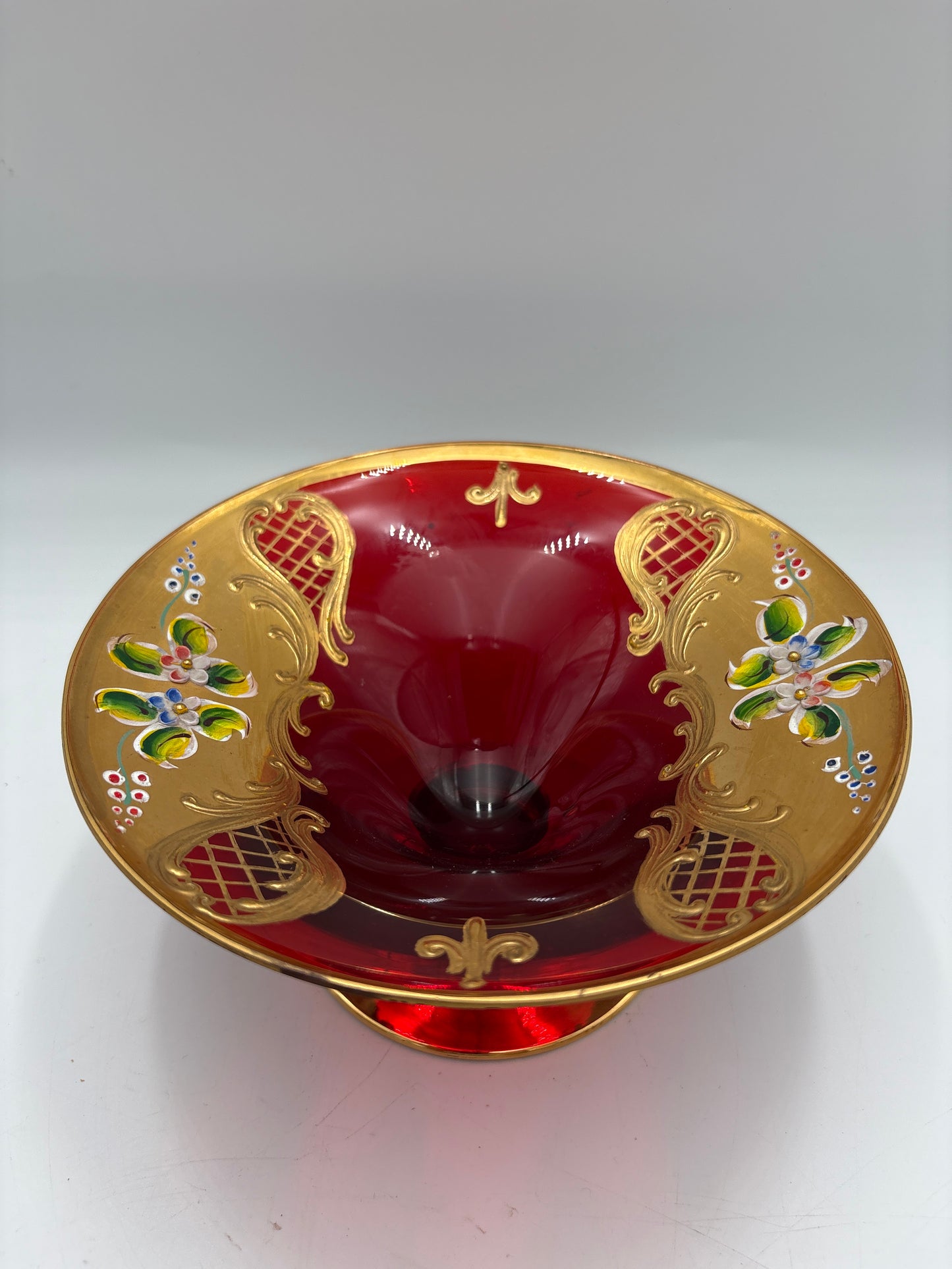 Vintage Bohemia krystal med Guld og Enamel,Lille opsats på fod, Rød, 9cm