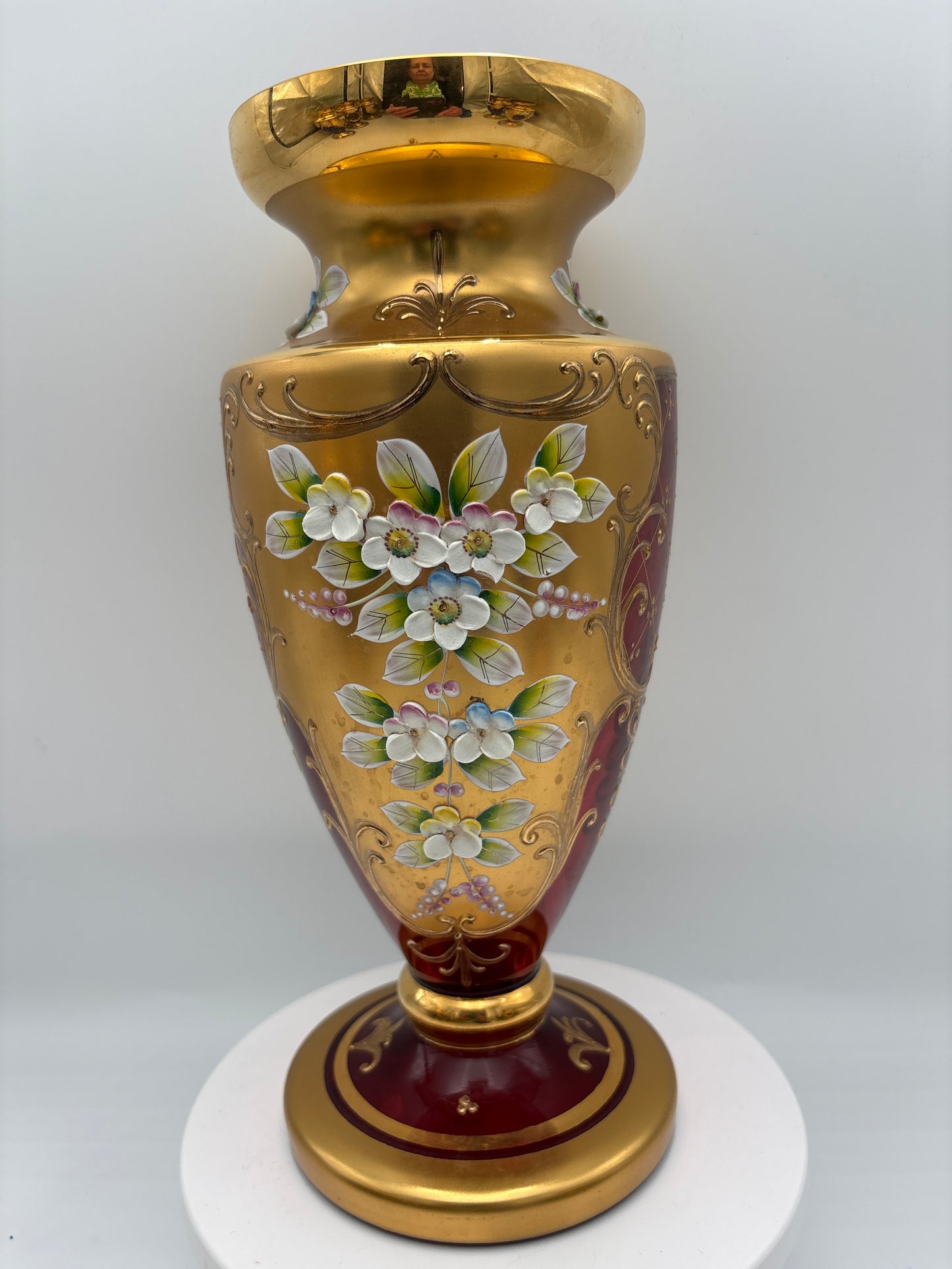Vintage Bohemia krystal med Guld og Enamel-Vase på fod-Rød-27cm