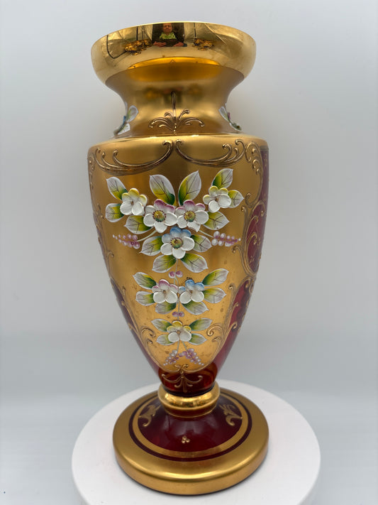 Vintage Bohemia krystal med Guld og Enamel-Vase på fod-Rød-27cm