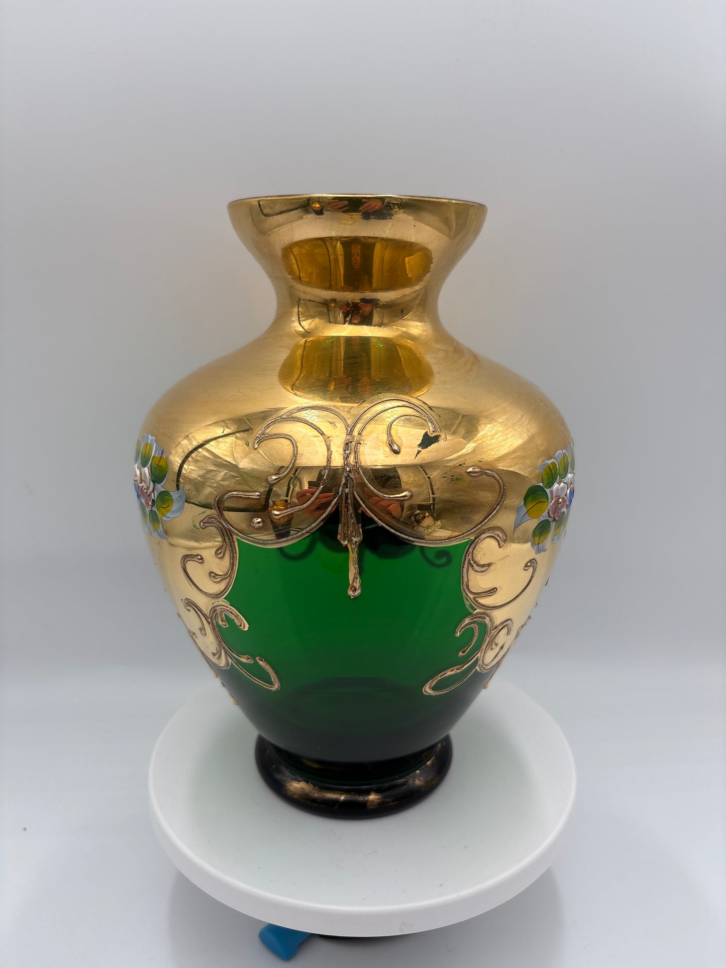 Vintage Bohemia krystal med Guld og Enamel, Vase, Grøn, 22cm