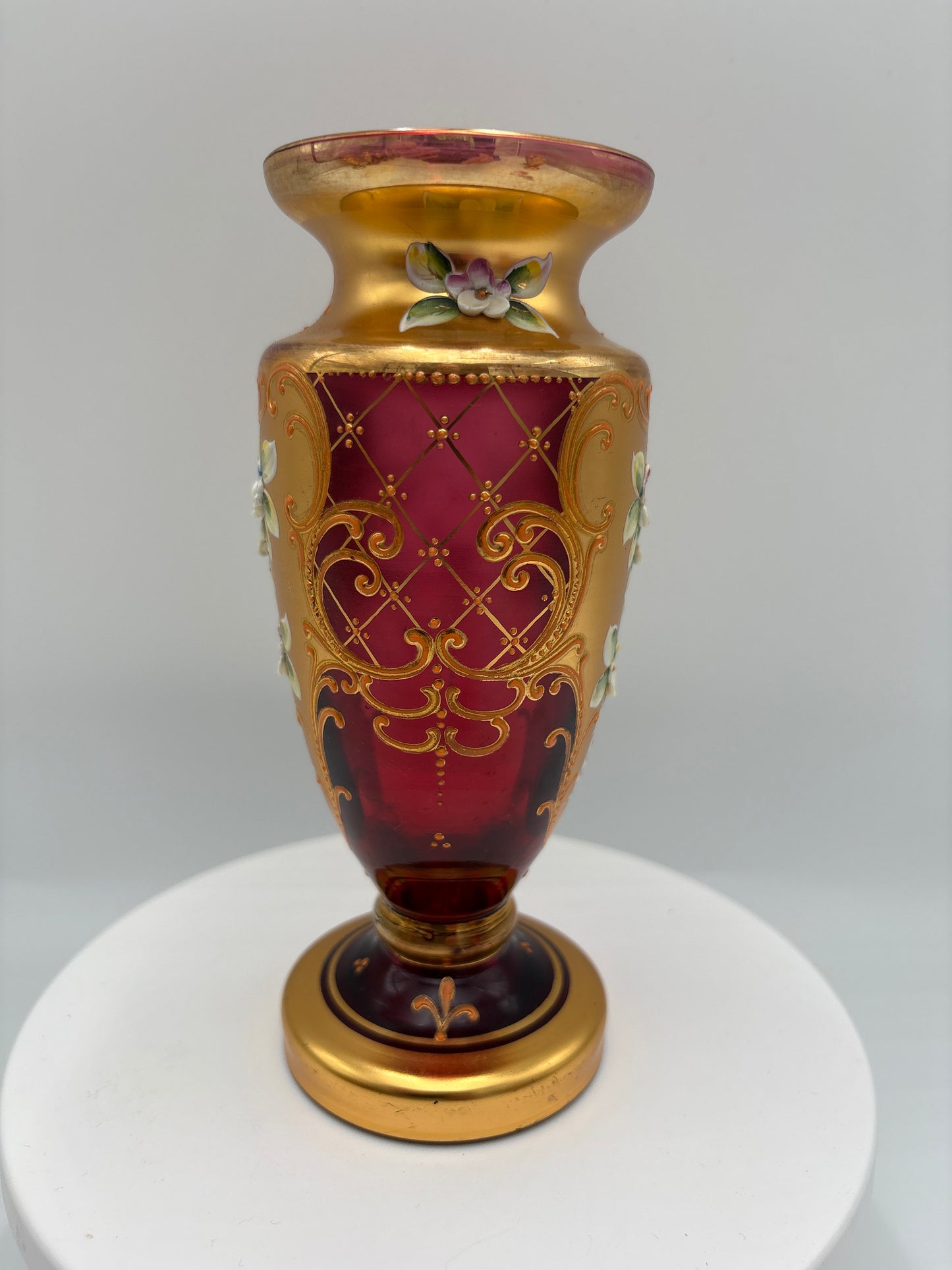 Vintage Bohemia krystal med Guld og Enamel-Vase på fod-Rød(3)-18cm