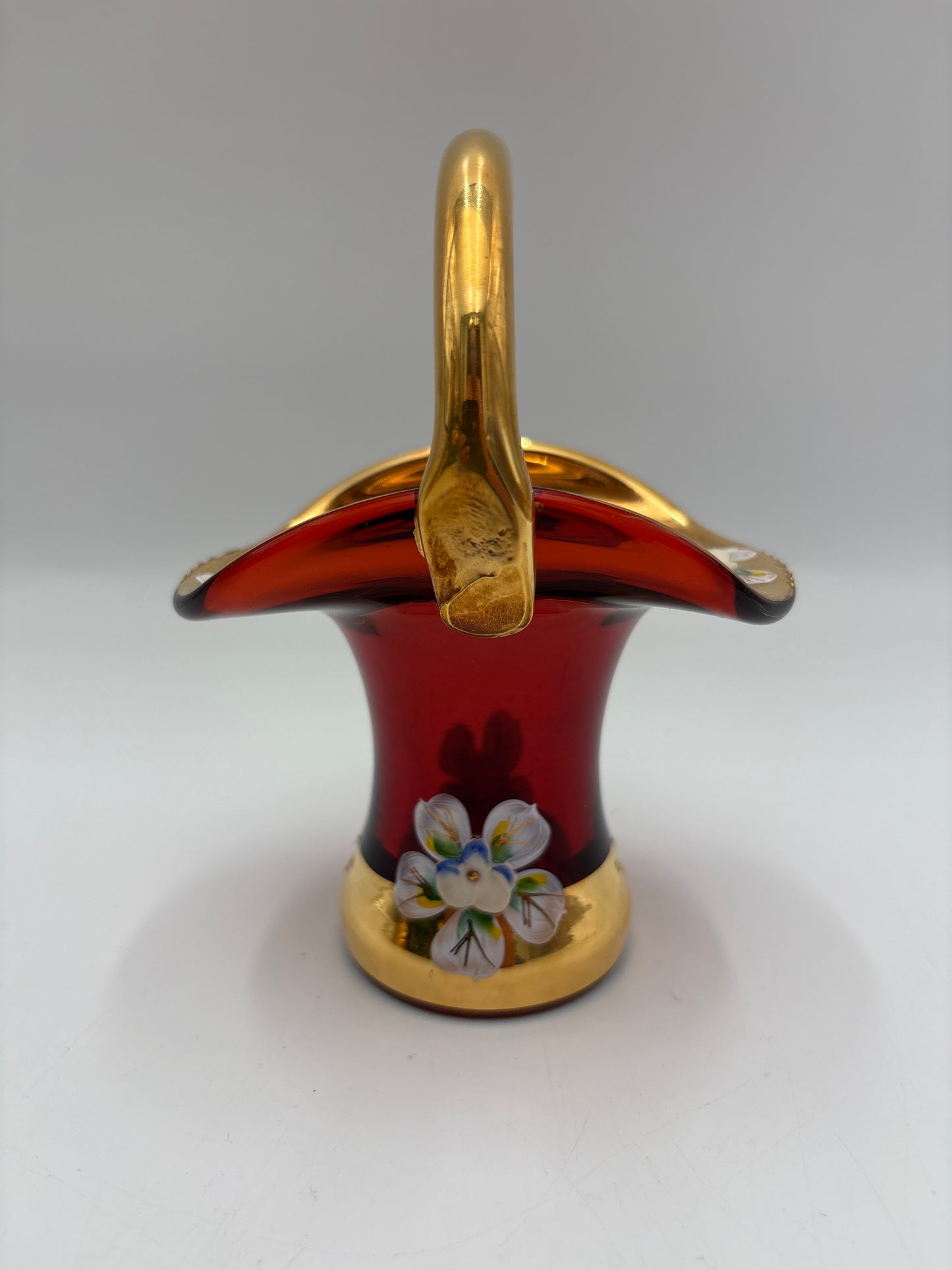 Vintage Bohemia krystal med Guld og Enamel, Kurv, Rød, 14cm