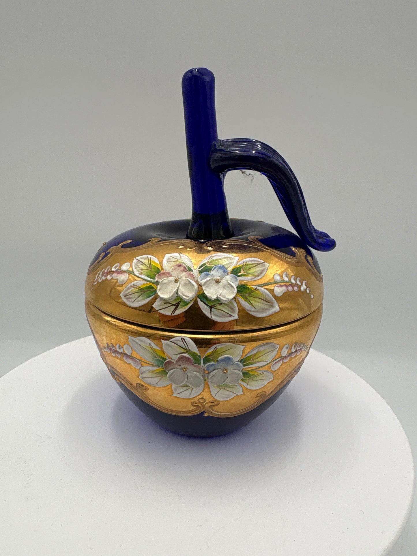 Vintage Bohemia krystal med Guld og Enamel, Æble Bonboniere, Blå, 13cm