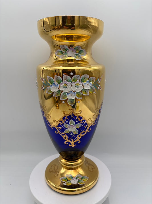 Vintage Bohemia krystal med Guld og Enamel-Vase på fod-Blå(1)-30cm