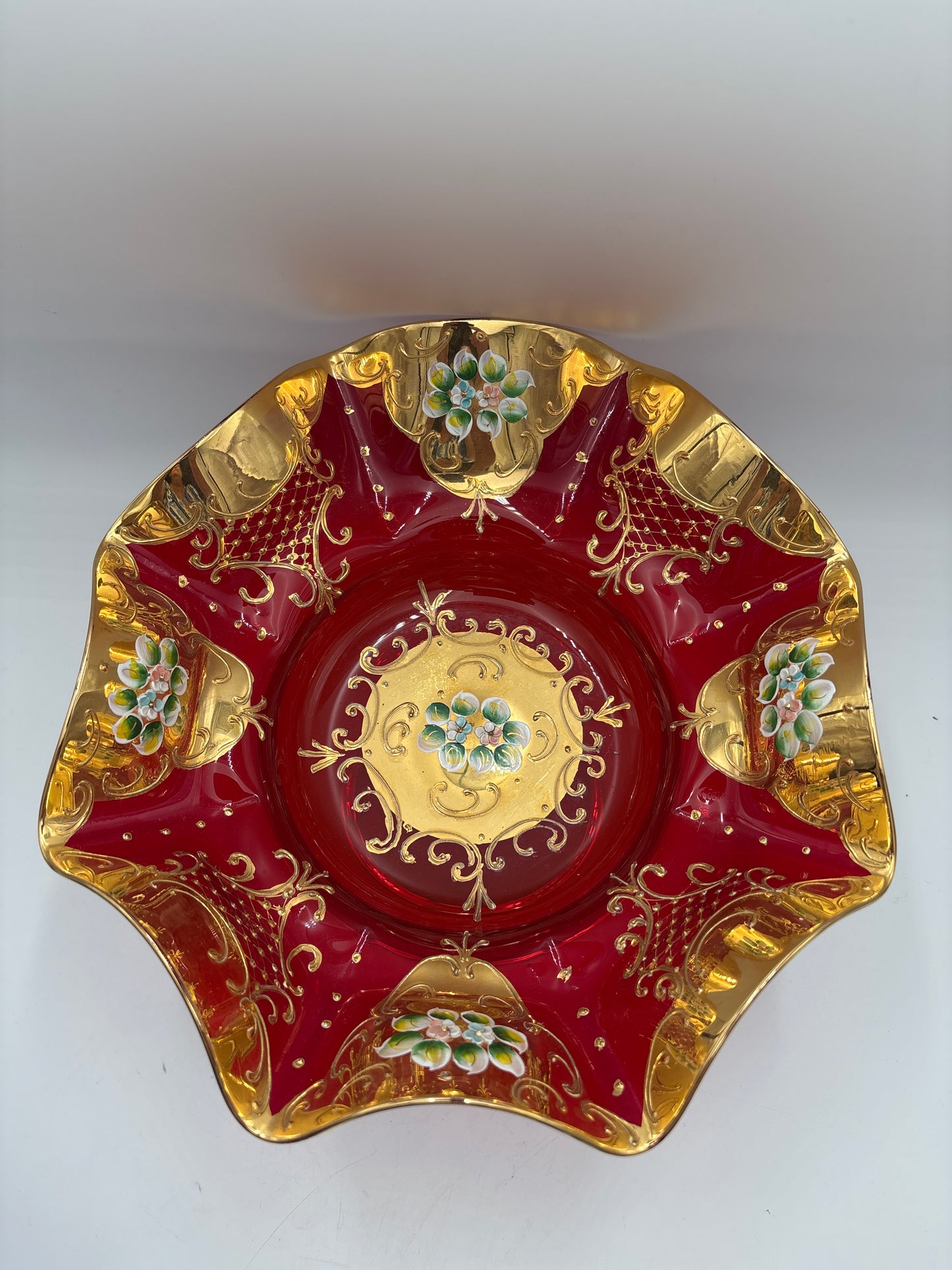Vintage Bohemia krystal med Guld og Enamel, Opsats på fod, Rød, 19cm