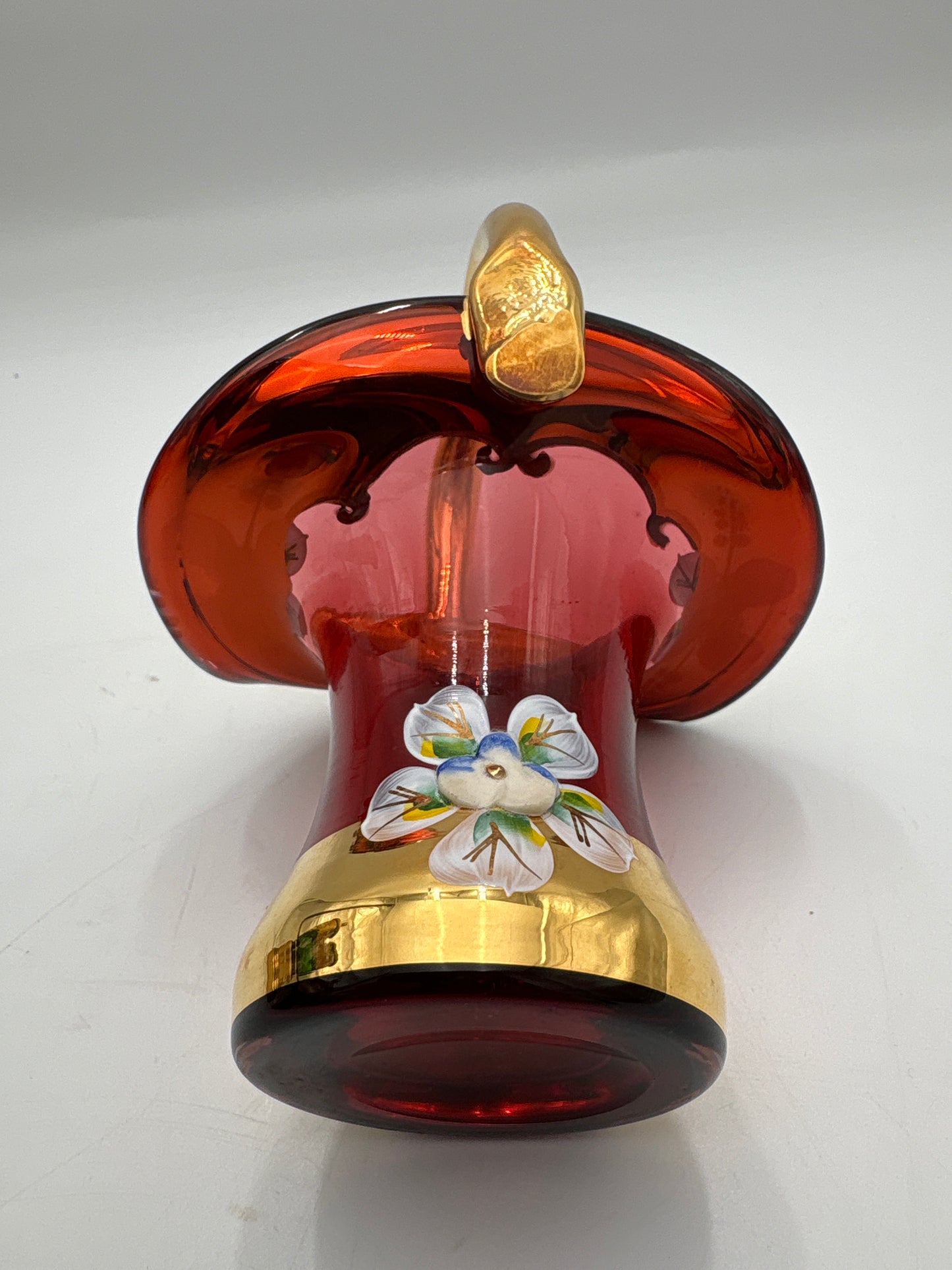 Vintage Bohemia krystal med Guld og Enamel, Kurv, Rød, 14cm