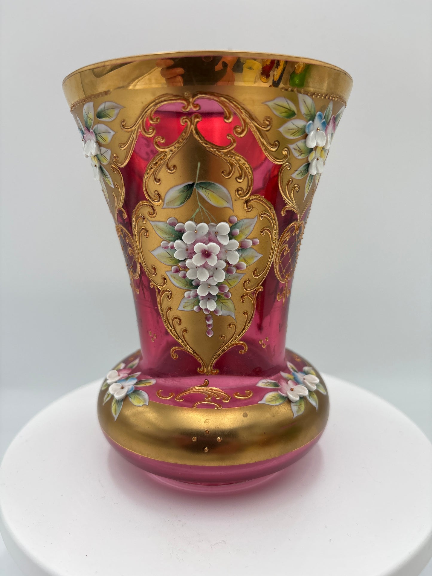 Vintage Bohemia krystal med Guld og Enamel, Vase , Rød(2), 14cm