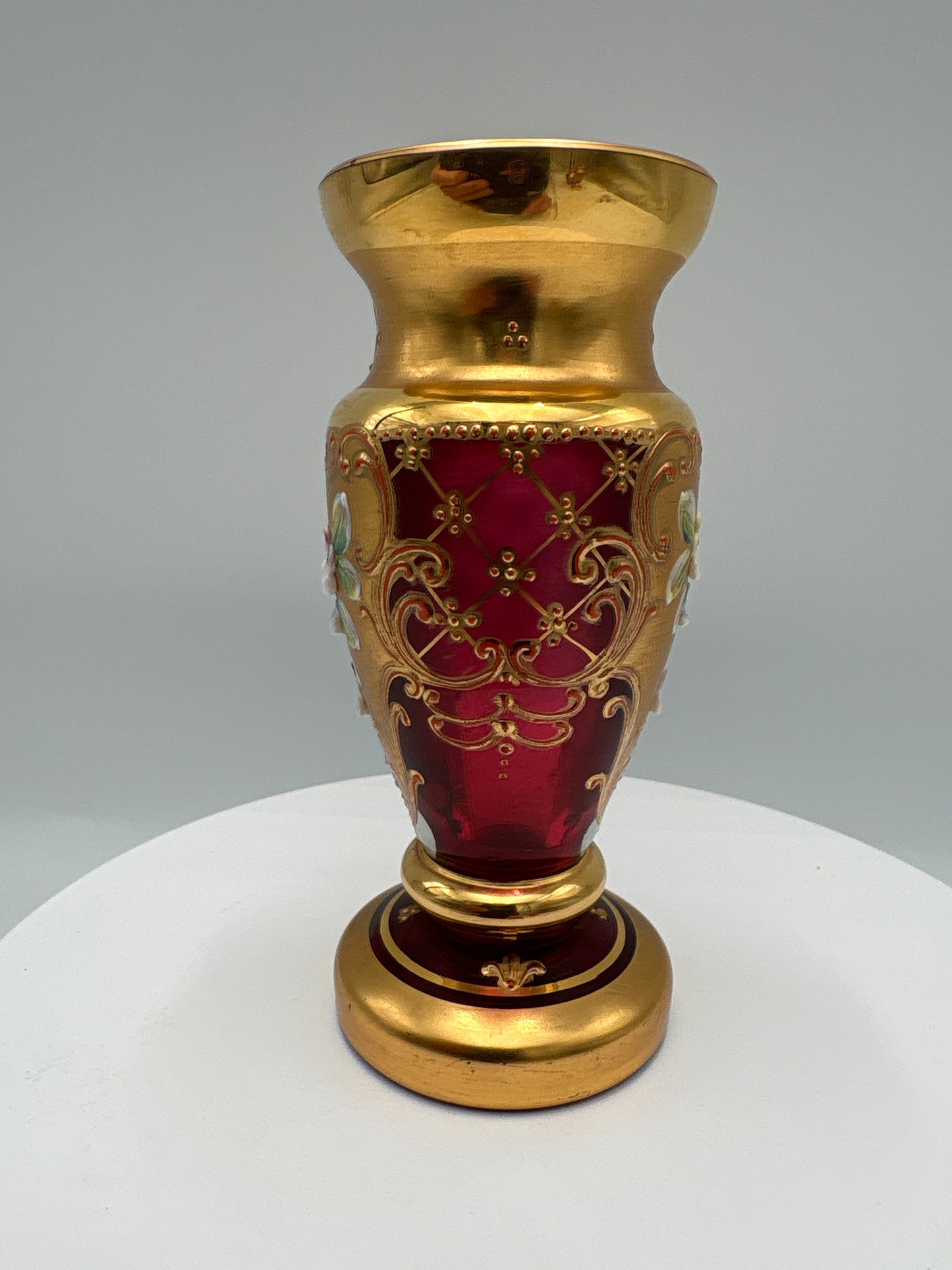Vintage Bohemia krystal med Guld og Enamel-Vase på fod(2)-rød-12cm